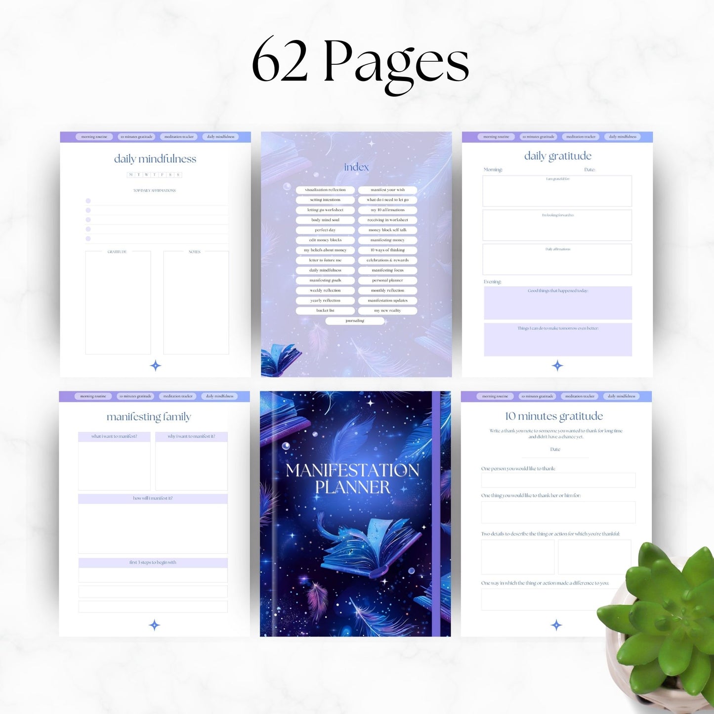 a set of six pages with a plant in the middle
