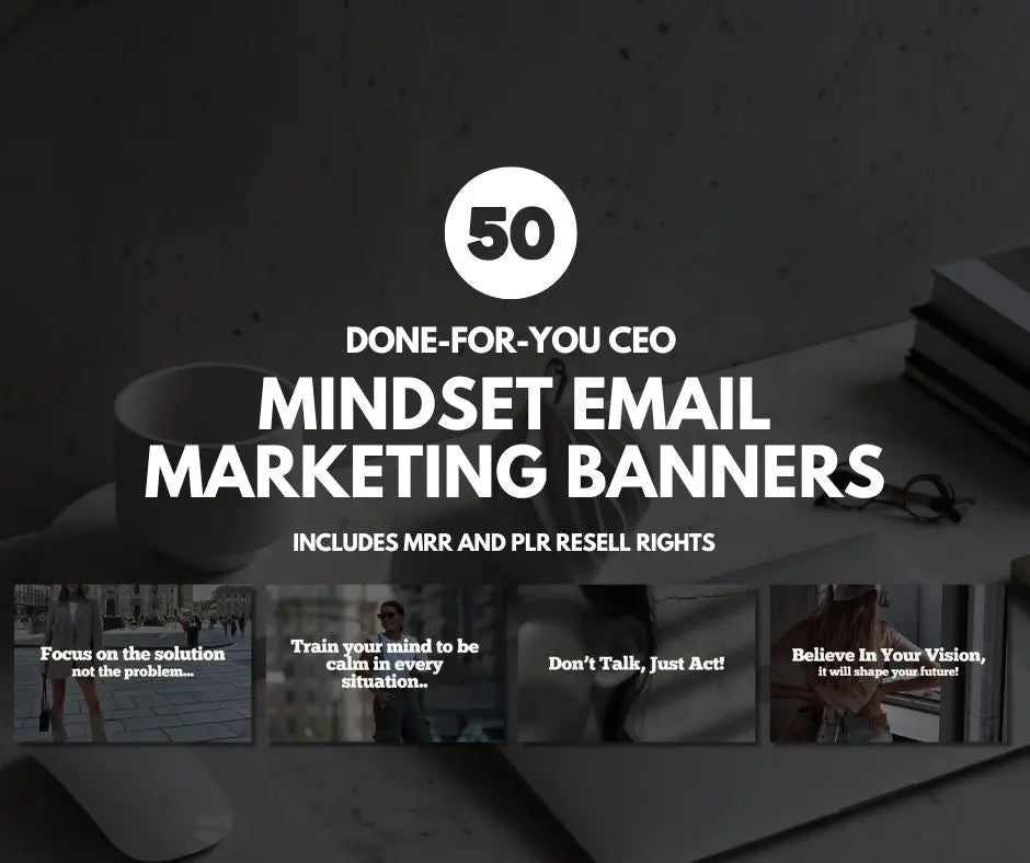 Mockup of CEO Mindset Email Banners showing 50 Canva-editable templates with motivational quotes and full PLR/MRR rights