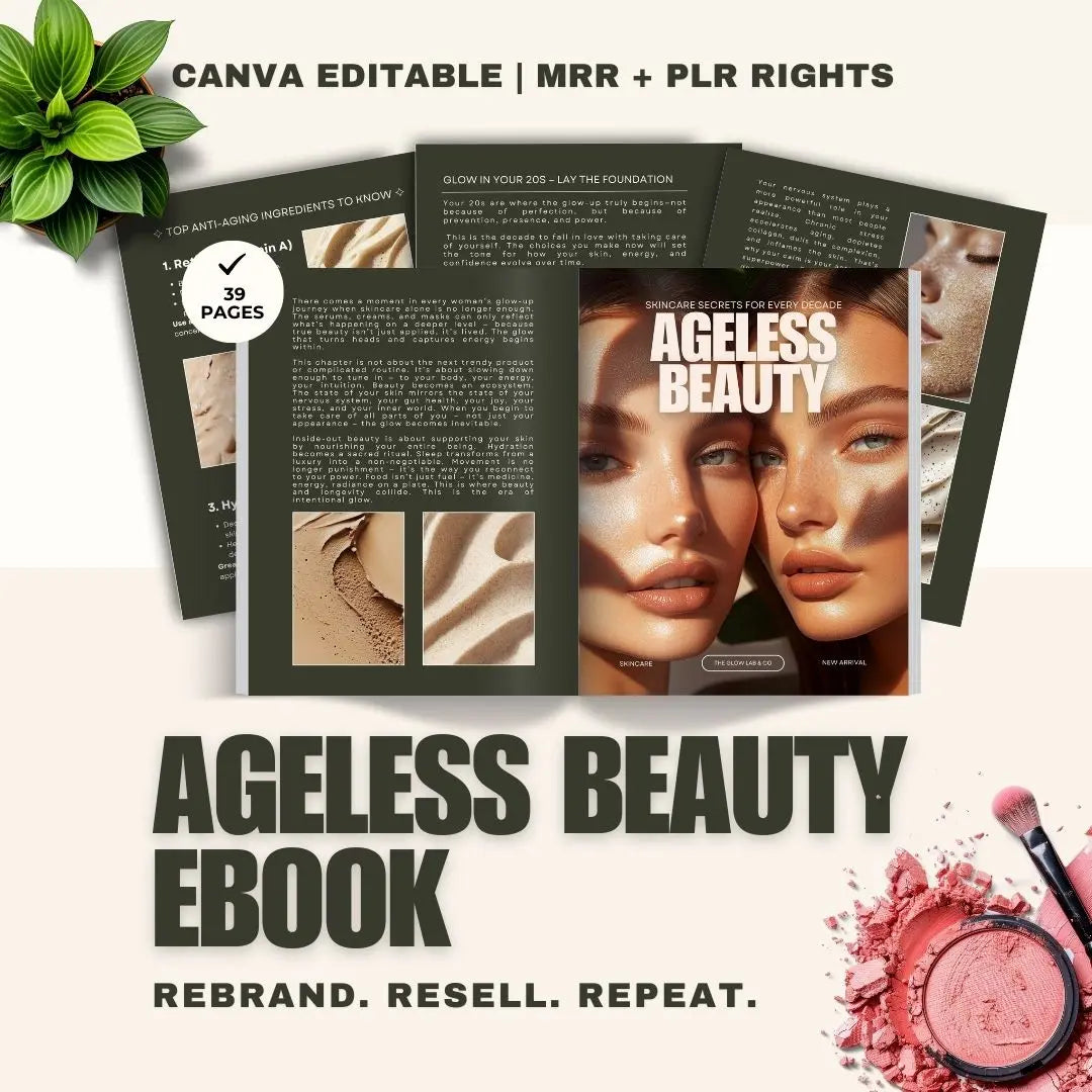 Ageless Beauty Planner | Skincare eBook 52-Week Skincare Ritual Guide | Editable Canva Template with PLR & Resell Rights | Instant Download Boundless PLR