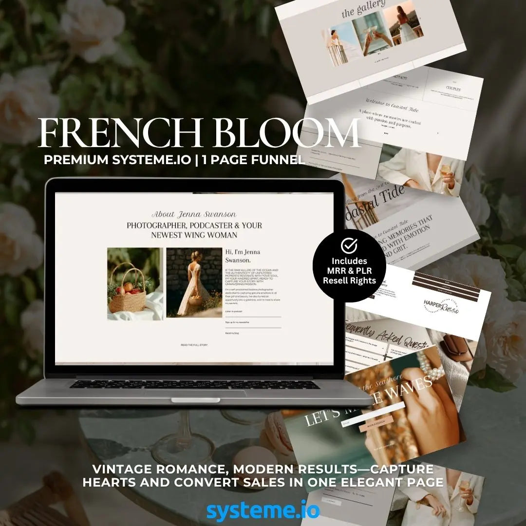 French Bloom Systeme.io Funnel – 1-Page Sales Funnel with MRR & PLR + Canva Mockups Boundless PLR