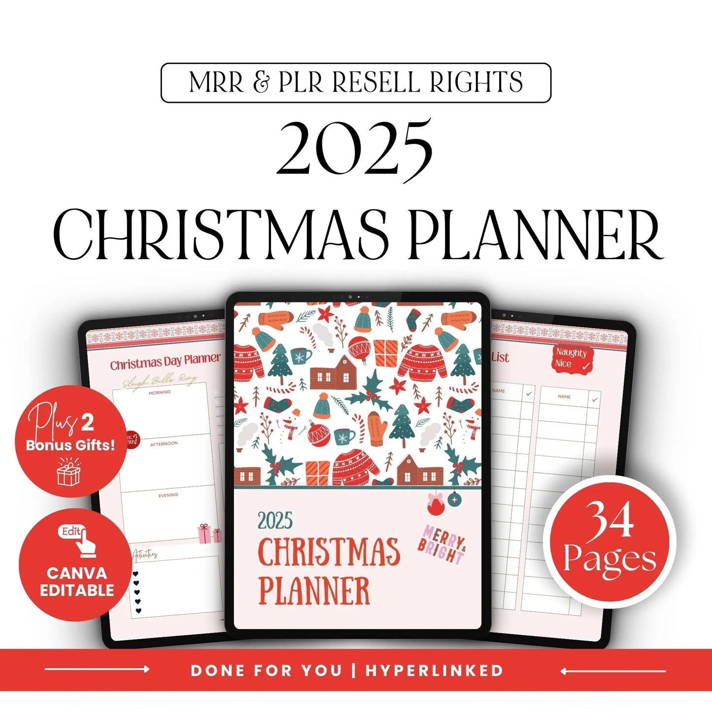 2025 Canva Christmas Planner with PLR and MRR Resell Rights – 34-page editable holiday organizer with bonus gifts and instant download
