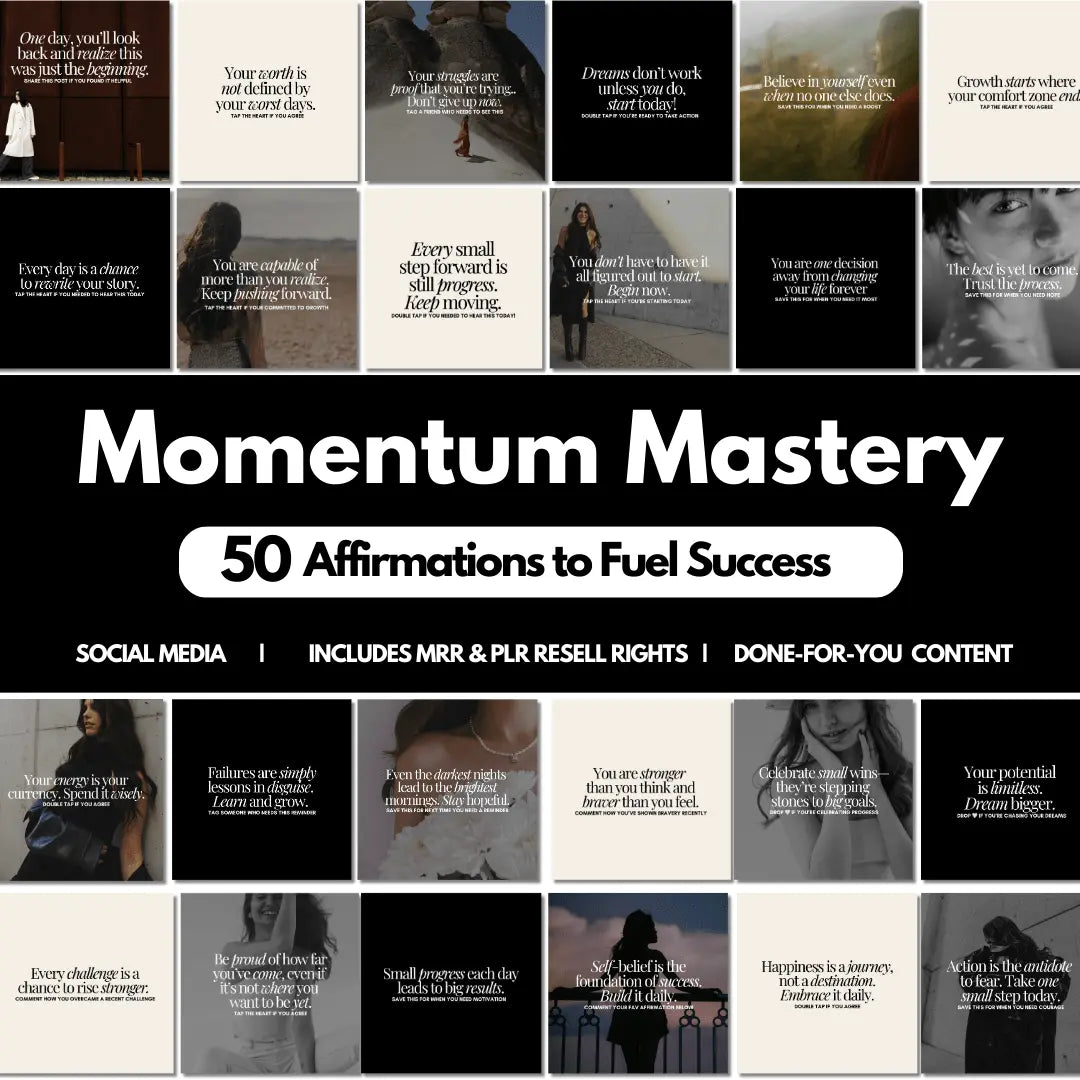 Momentum Mastery Affirmation Bundle, PLR Canva Templates, MRR Affirmation Content for Digital Product Sellers, Entrepreneurs