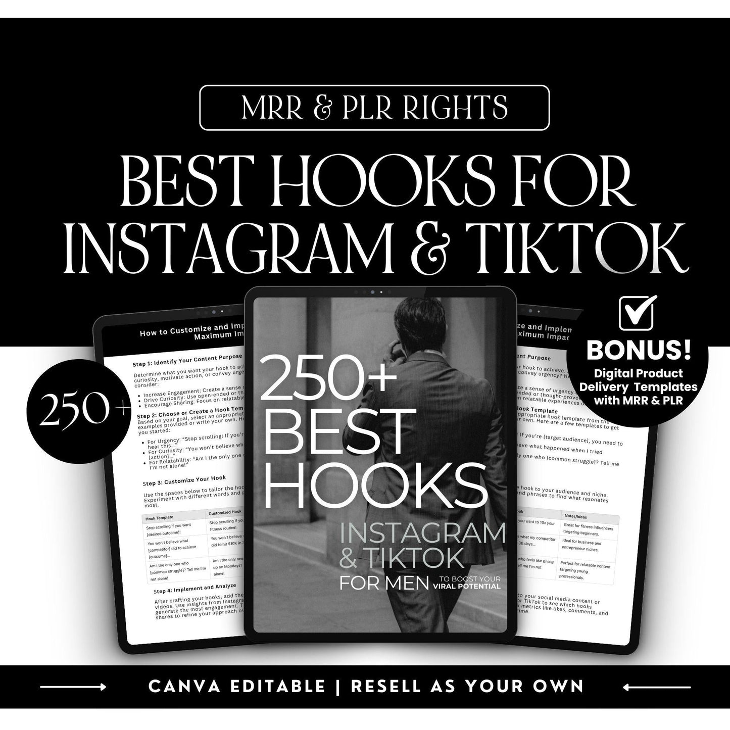 250+ Best Hooks for Men | Editable Instagram & TikTok Guide with PLR & MRR