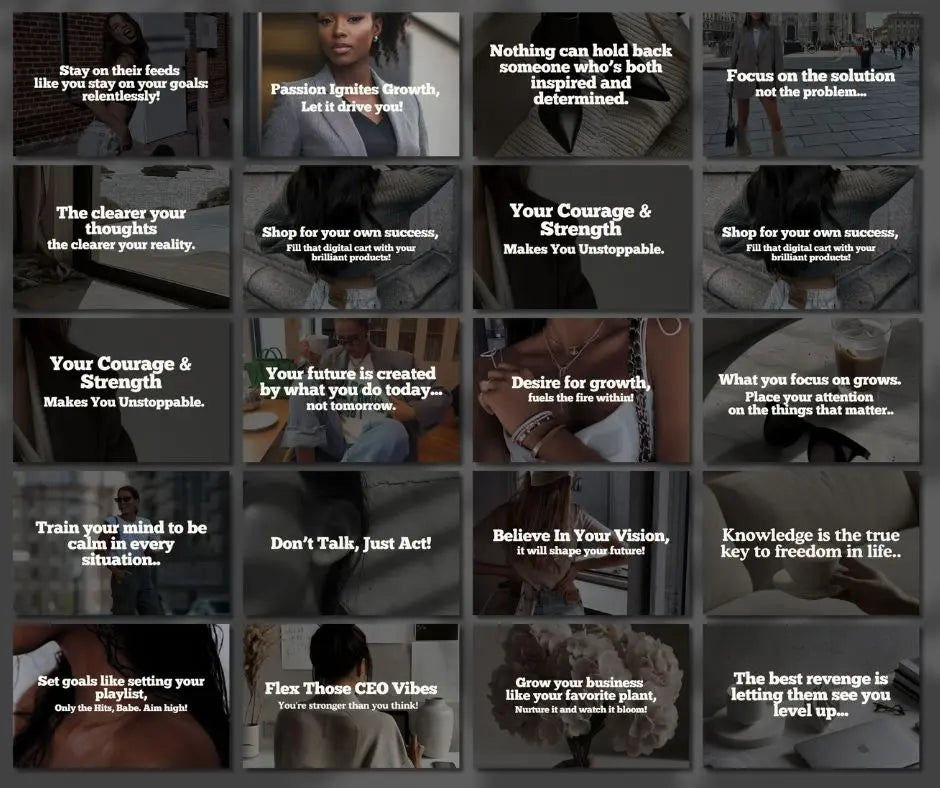 Motivational quotes with people in various settings on a dark background