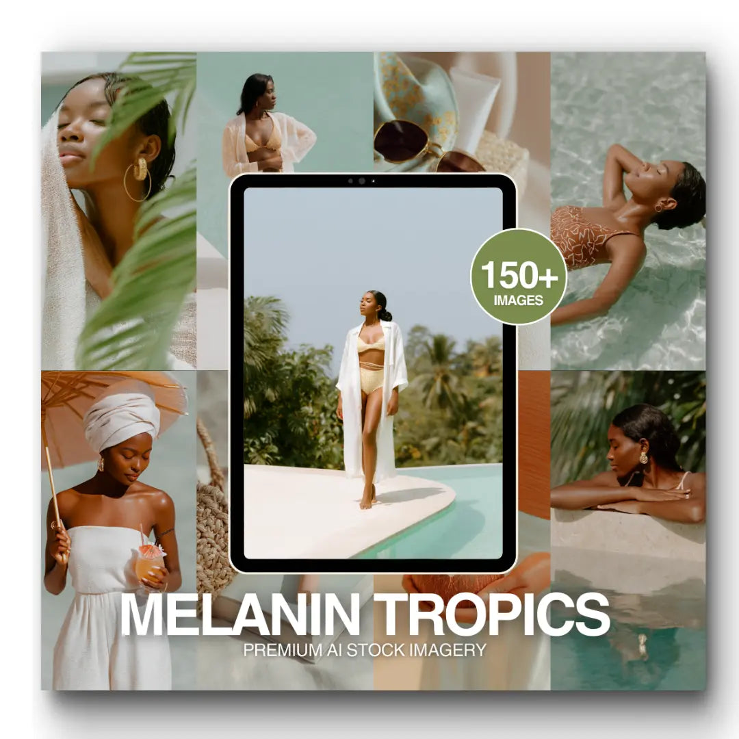 Melanin Tropics: Luxurious Imagery Celebrating Radiant Beauty | AI Images for Bloggers, Memberships, Entrepreneurs Boundless PLR
