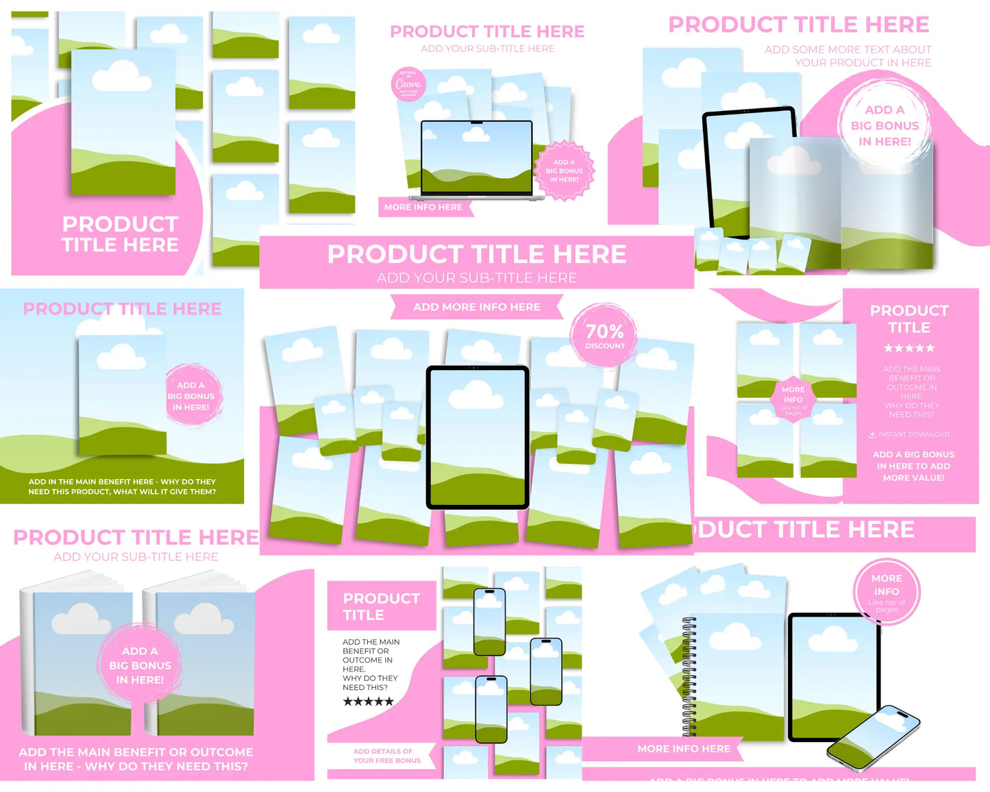 100 Canva Mockup Templates for Printables, Books, Journals, Planners & Digital Products | Editable Etsy Listing Thumbnail Image | MRR & PLR Boundless PLR