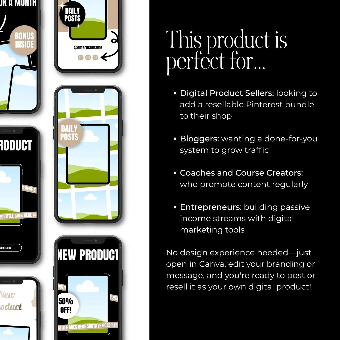 Pinterest Templates for Bloggers with MRR & PLR Rights | Canva Templates – 100 Editable Pin Designs with PLR & MRR Resell Rights | Digital Marketing Bundle for Bloggers & Product Sellers Boundless PLR