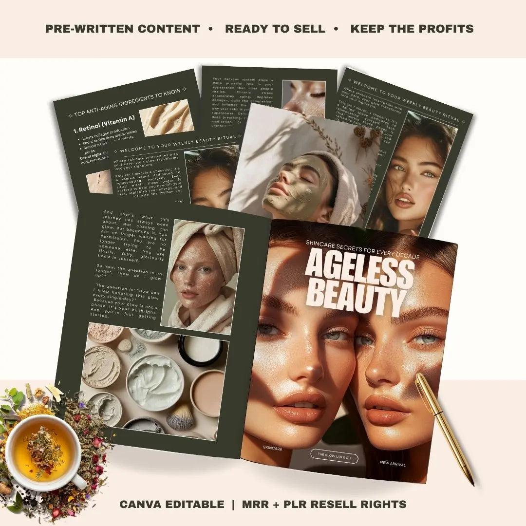 Ageless Beauty Planner | Skincare eBook 52-Week Skincare Ritual Guide | Editable Canva Template with PLR & Resell Rights | Instant Download Boundless PLR