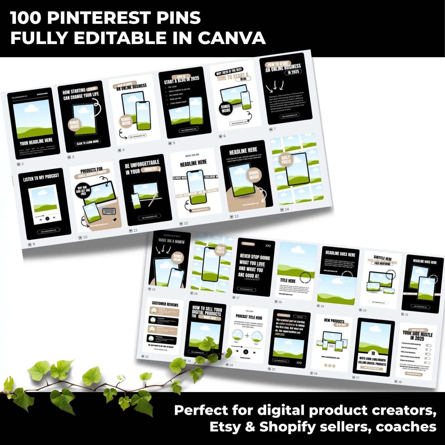 Pinterest Templates for Bloggers with MRR & PLR Rights | Canva Templates – 100 Editable Pin Designs with PLR & MRR Resell Rights | Digital Marketing Bundle for Bloggers & Product Sellers Boundless PLR