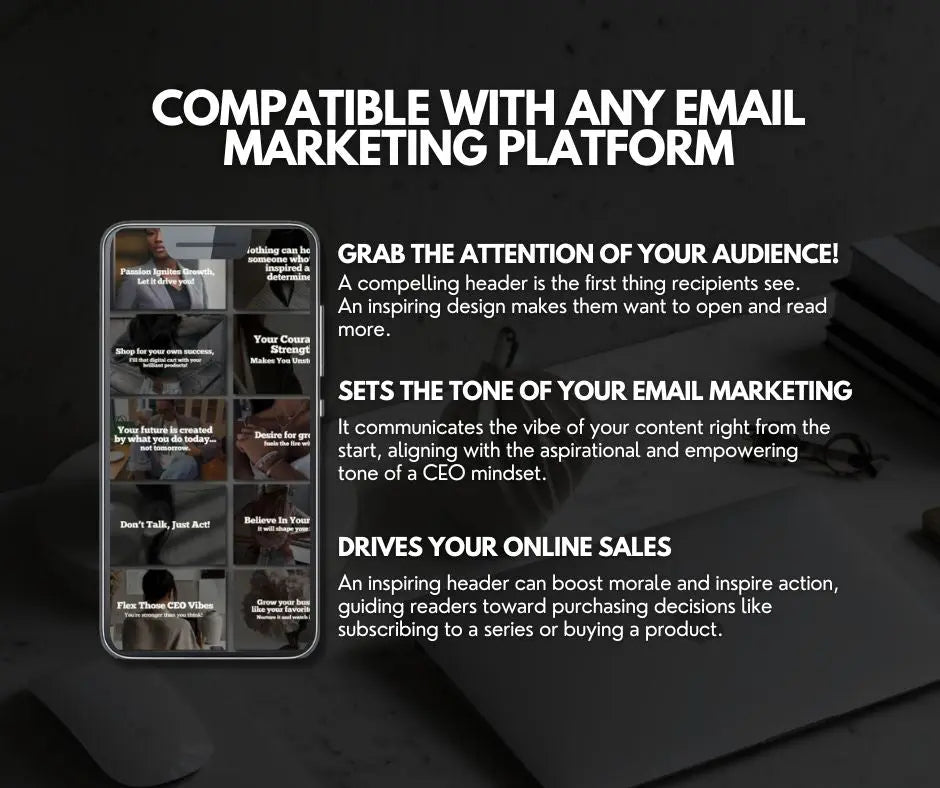 Phone screen with email marketing content and text about compatibility with platforms.