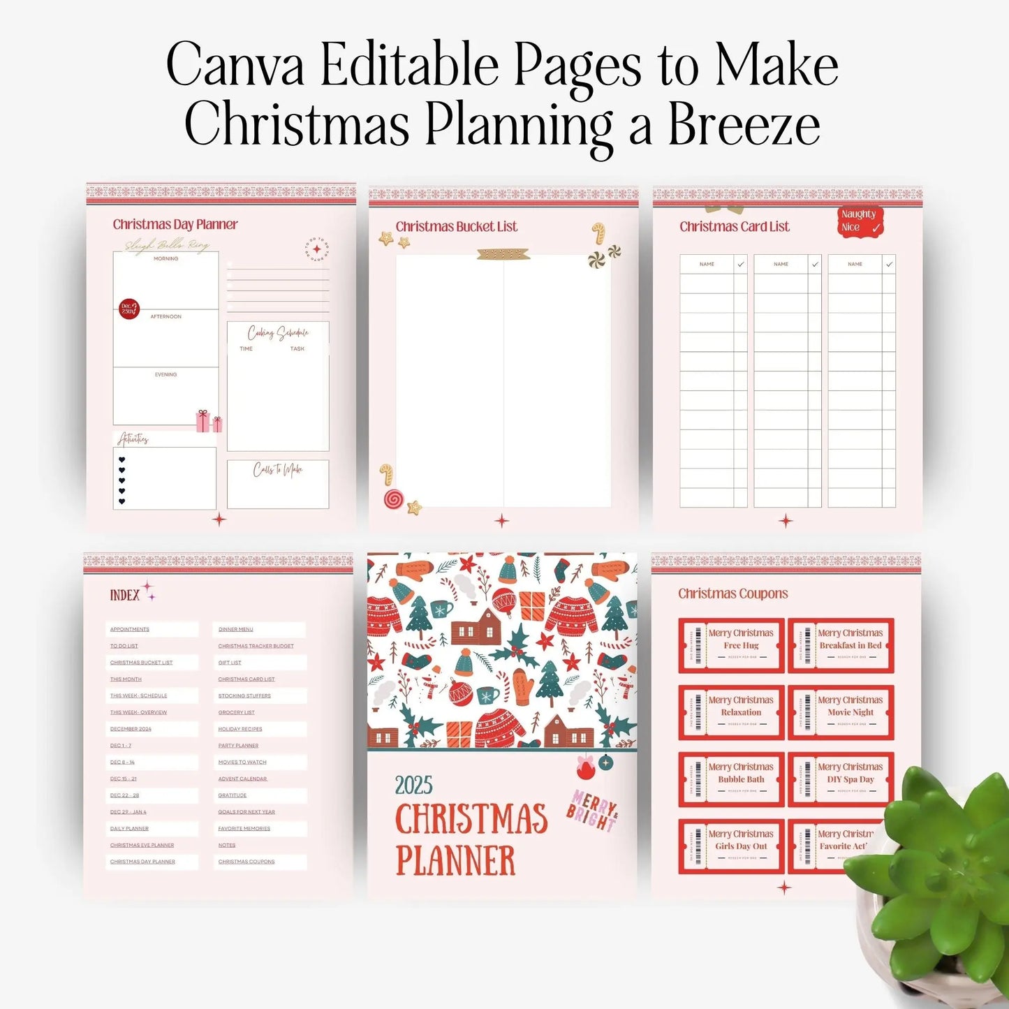 Editable Canva pages from the 2025 Christmas Planner – Includes card list, coupons, bucket list, day planner, and full clickable index
