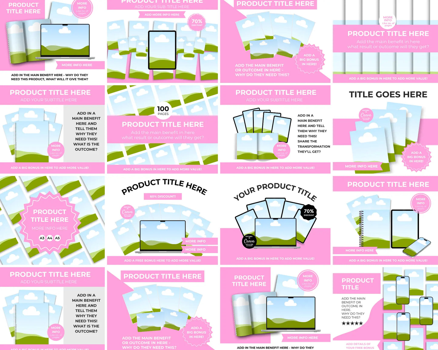 100 Canva Mockup Templates for Printables, Books, Journals, Planners & Digital Products | Editable Etsy Listing Thumbnail Image | MRR & PLR Boundless PLR