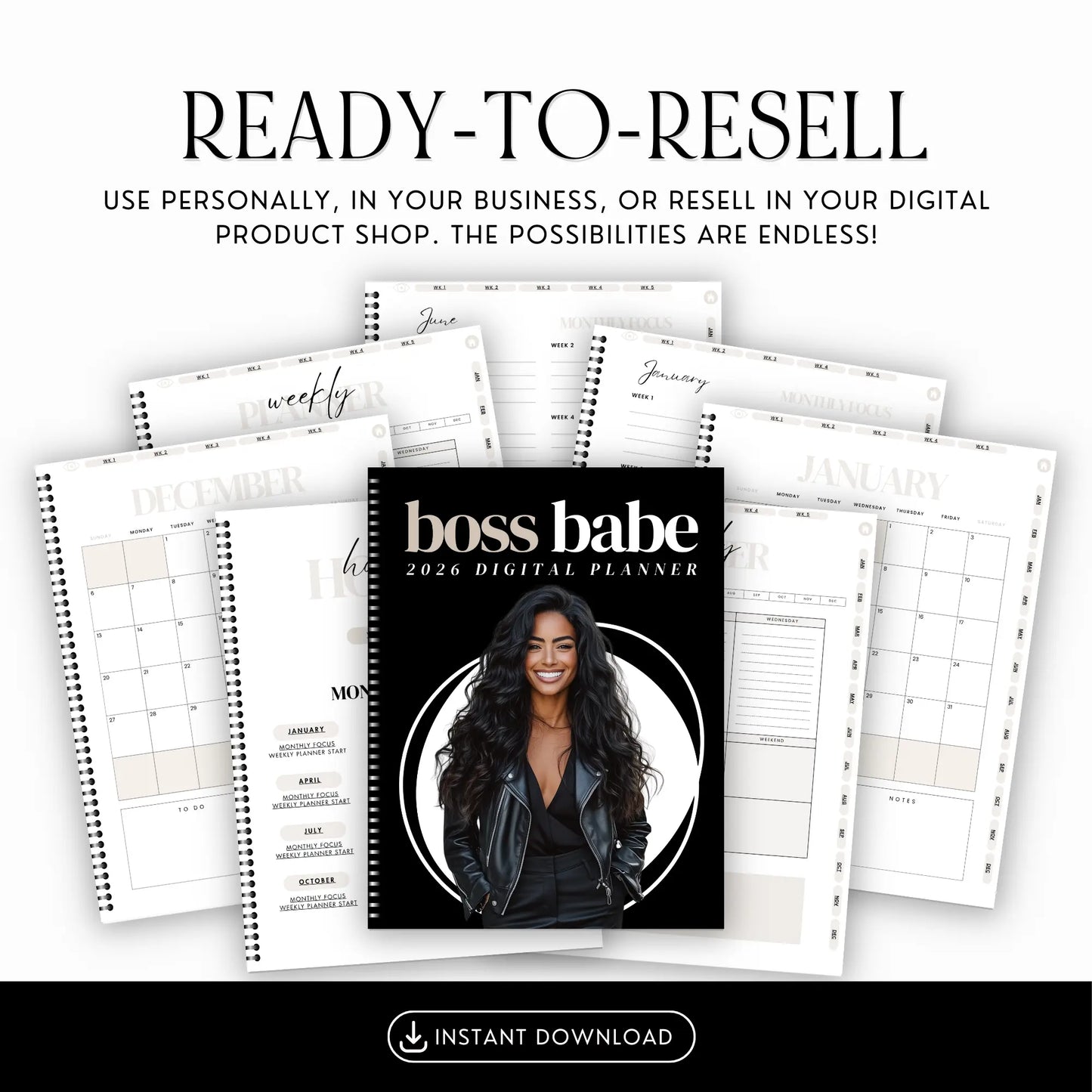 Boss Babe 2026 Digital Planner – Hyperlinked Canva Template with 4 Covers (GoodNotes & Notability Ready) Boundless PLR