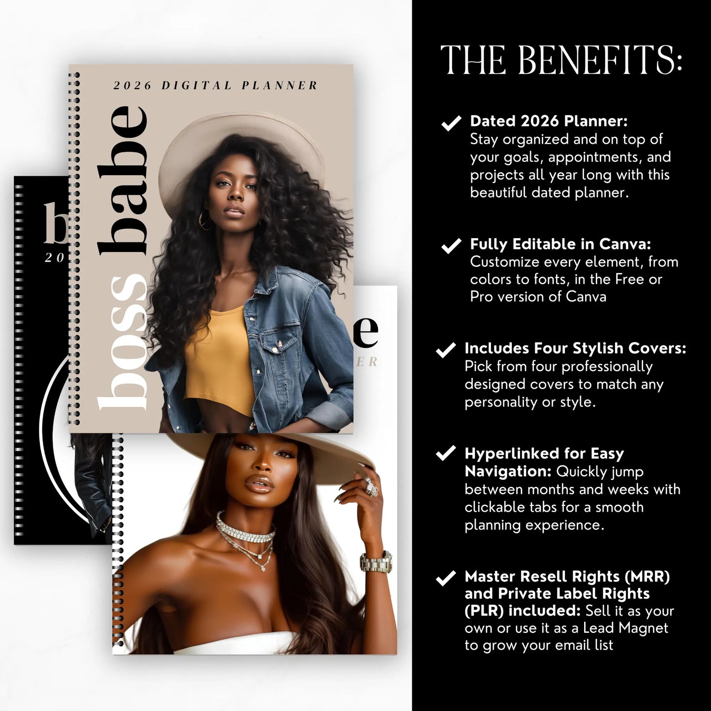 Boss Babe 2026 Digital Planner – Hyperlinked Canva Template with 4 Covers (GoodNotes & Notability Ready) Boundless PLR