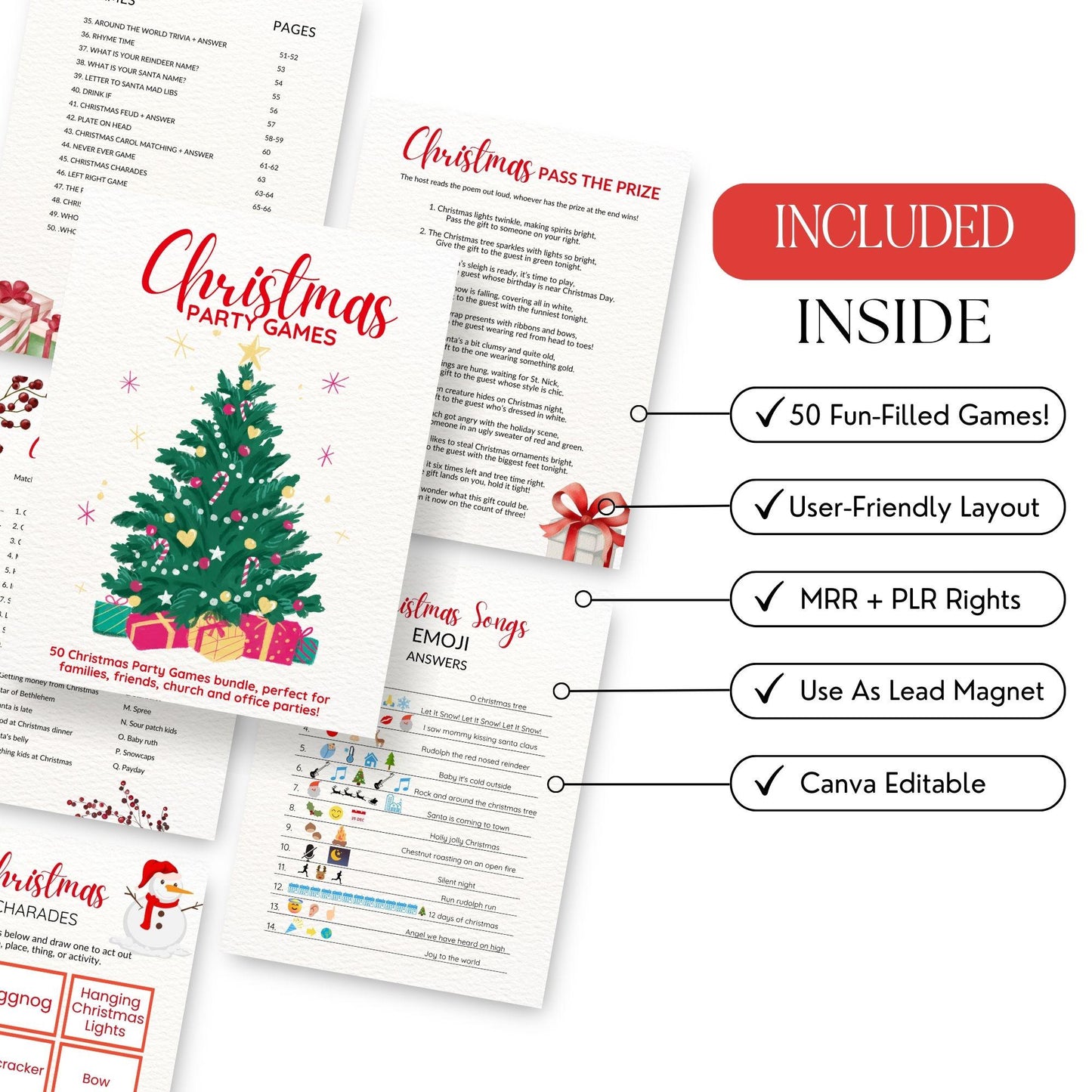 50 Printable Christmas Party Games | PLR & MRR Digital Bundle - Canva Editable Template - Boundless PLR