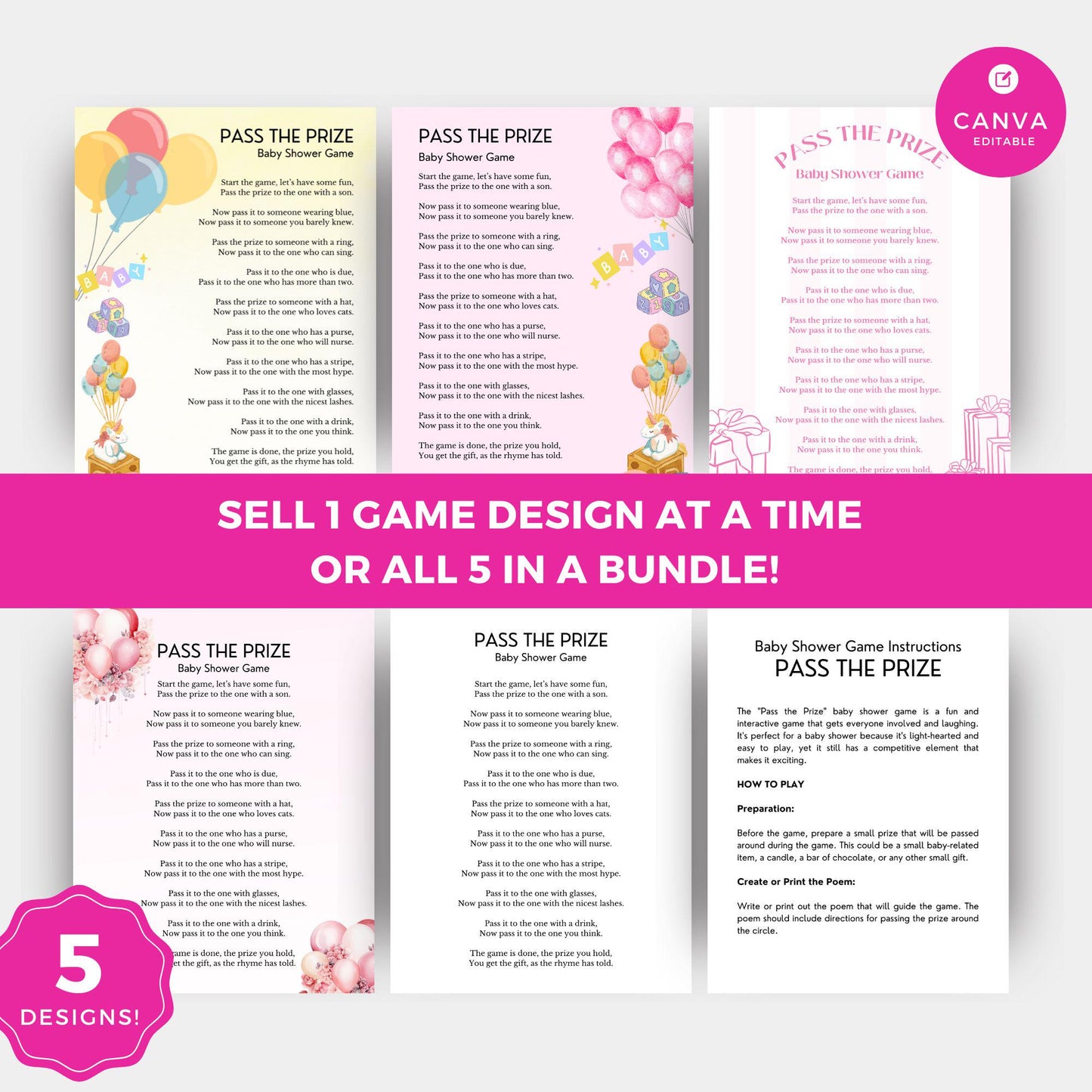 Pass the Prize Baby Shower Game | Editable Canva Template with PLR & MRR