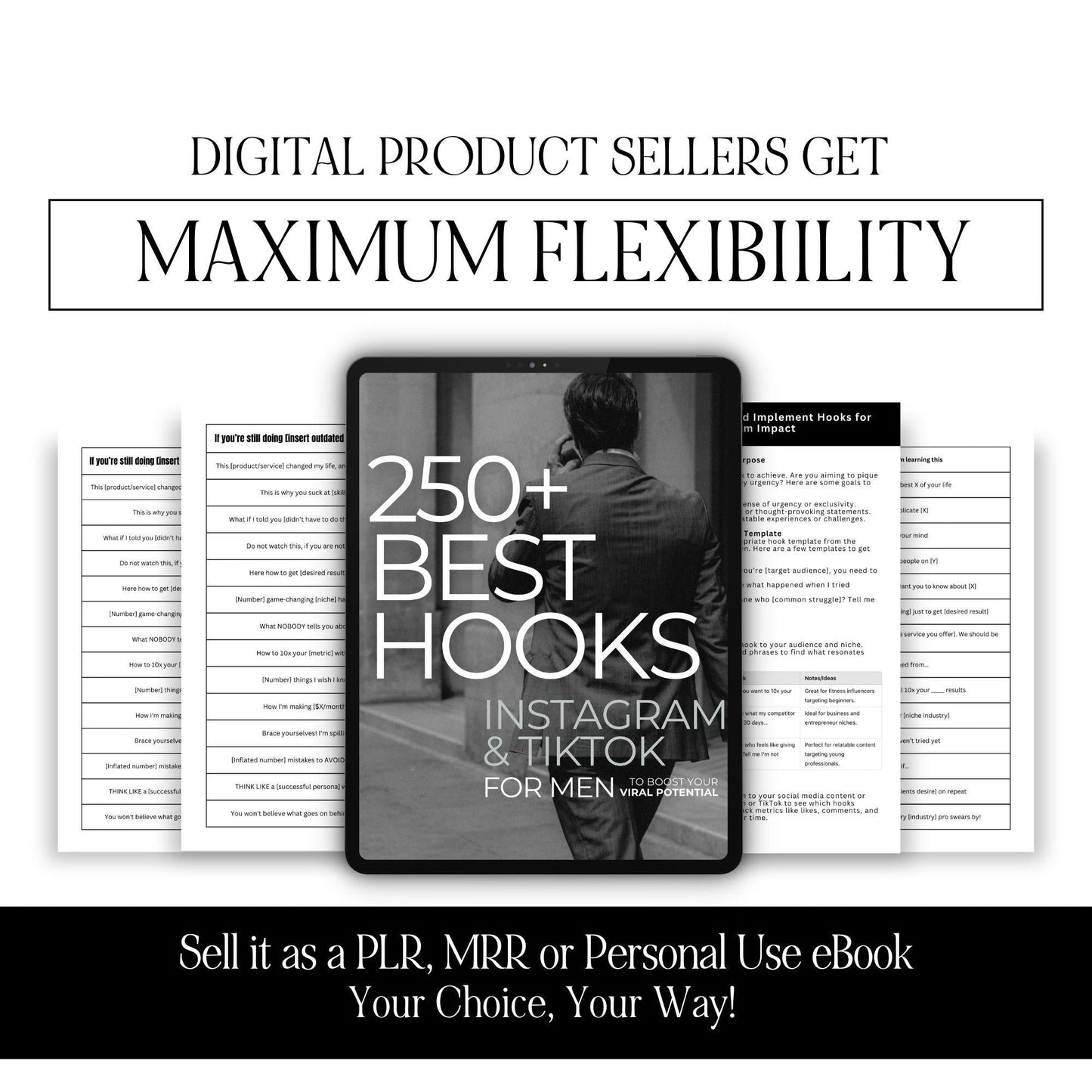 250+ Best Hooks for Men | Editable Instagram & TikTok Guide with PLR & MRR