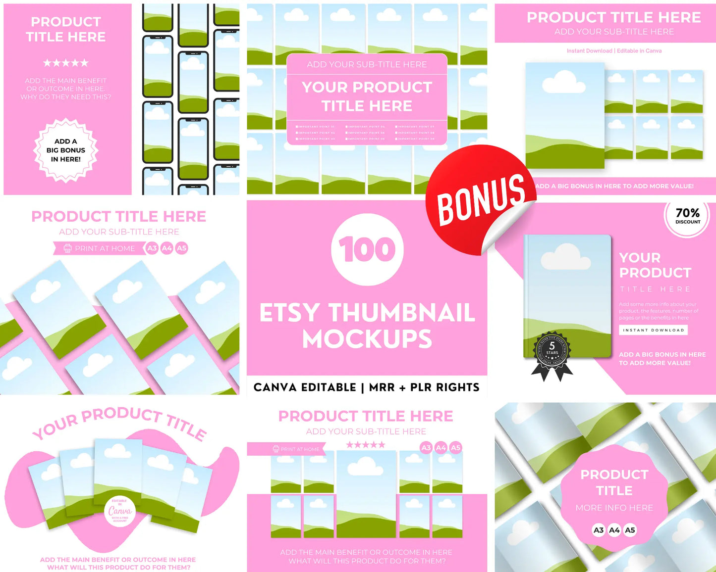 Preview of 100 editable Etsy thumbnail mockups designed in multiple styles including modern, luxe, aesthetic, and minimalist layouts. Includes device mockups, bonus icons, discount labels, and high-converting text overlays to enhance Etsy product listings. Canva-editable with MRR and PLR resell rights