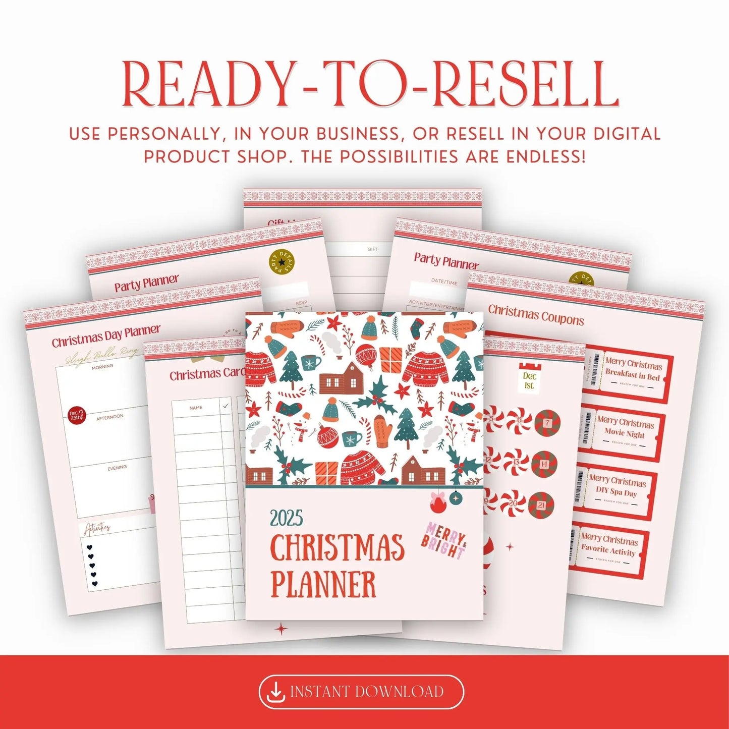 Printable 2025 Christmas Planner PDF with resell rights – Canva editable, done-for-you holiday planner for digital sellers
