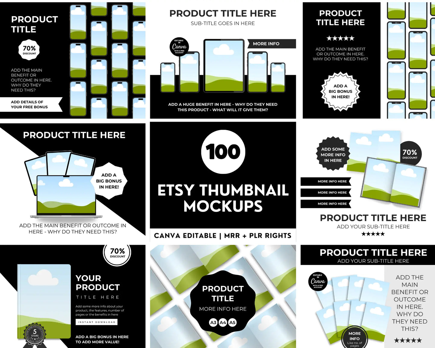 100 Canva Editable Etsy Listing Thumbnail Mockups + Bonus Pinterest Strategy Guide (MRR & PLR) Boundless PLR