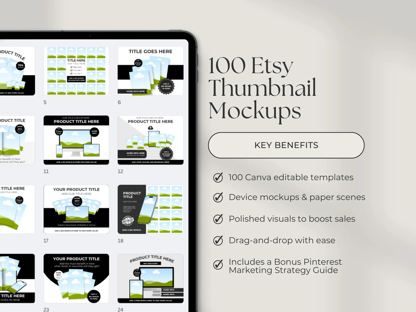 100 Canva Editable Etsy Listing Thumbnail Mockups + Bonus Pinterest Strategy Guide (MRR & PLR) Boundless PLR
