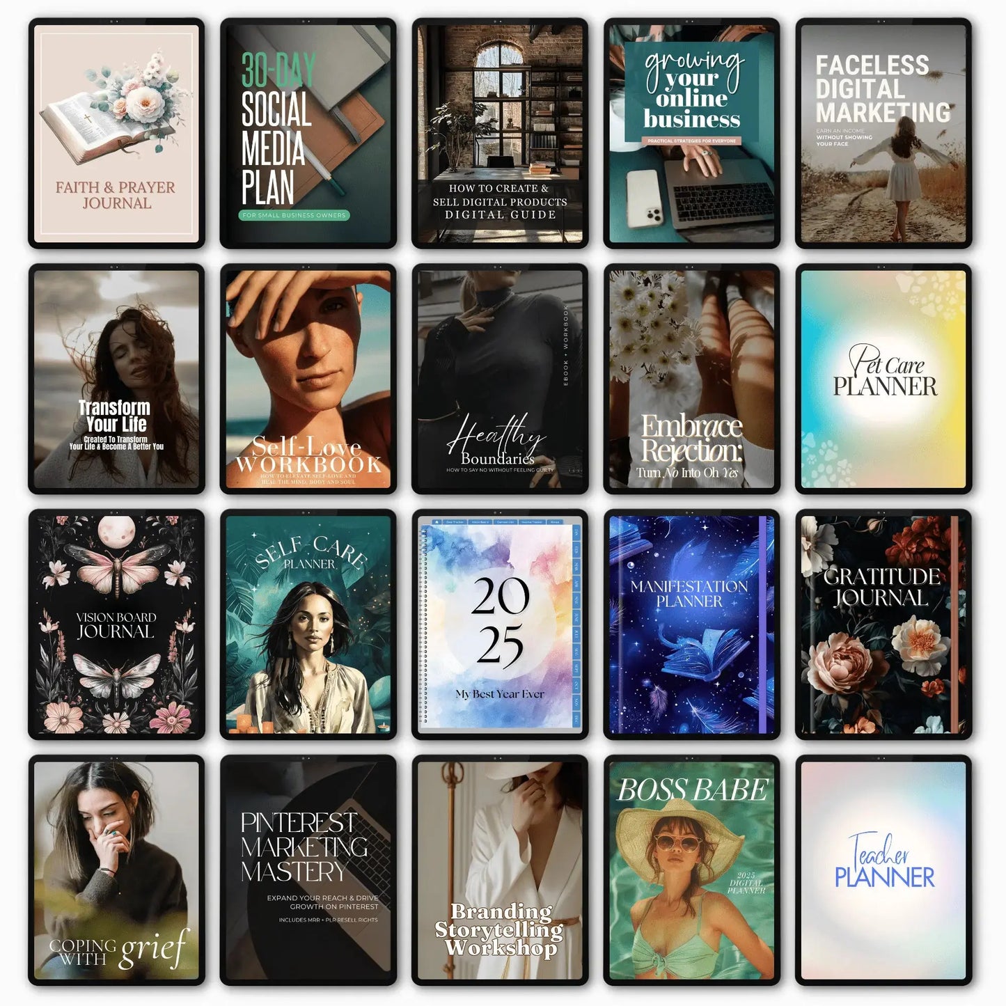 Grid of various book covers on a white background that are included in the mrr and plr planners mega bundle.