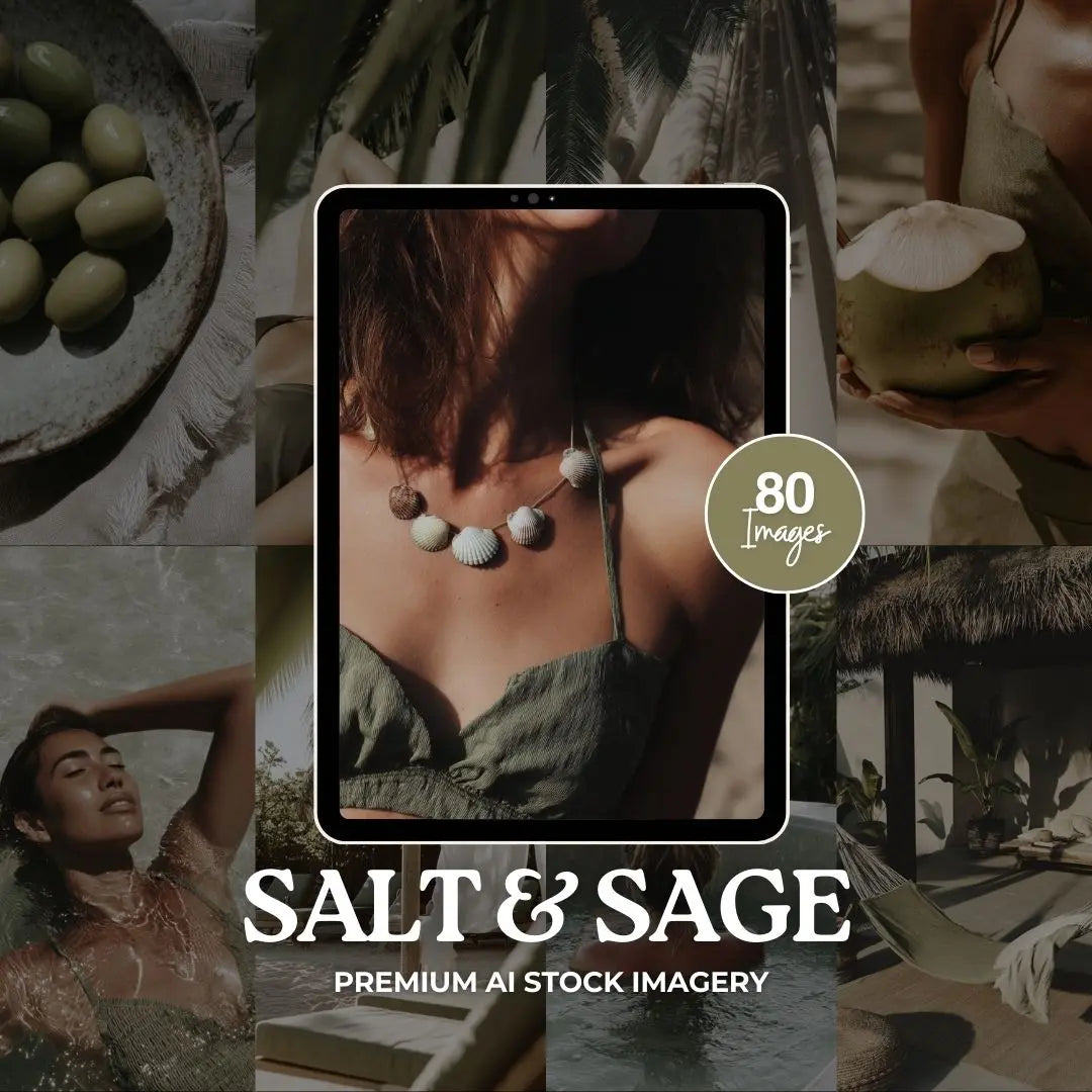 Salt & Sage | 80 Coastal AI Stock Images with MRR & PLR for Wellness, Lifestyle & Minimalist Brands Boundless PLR