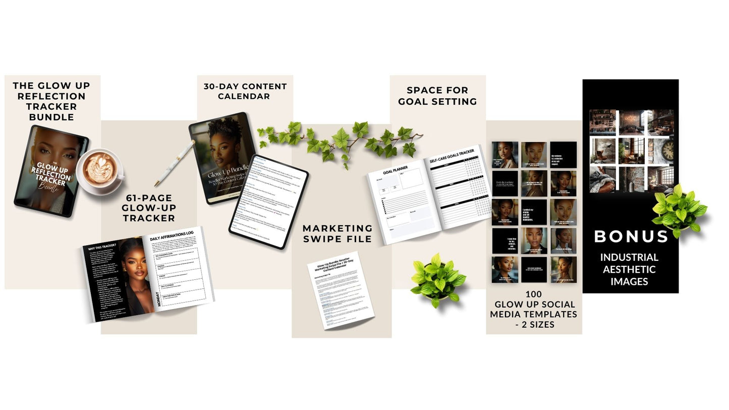 Glow-Up Digital Planner & Social Media Bundle | Canva Editable Template | PLR MRR Rights Included