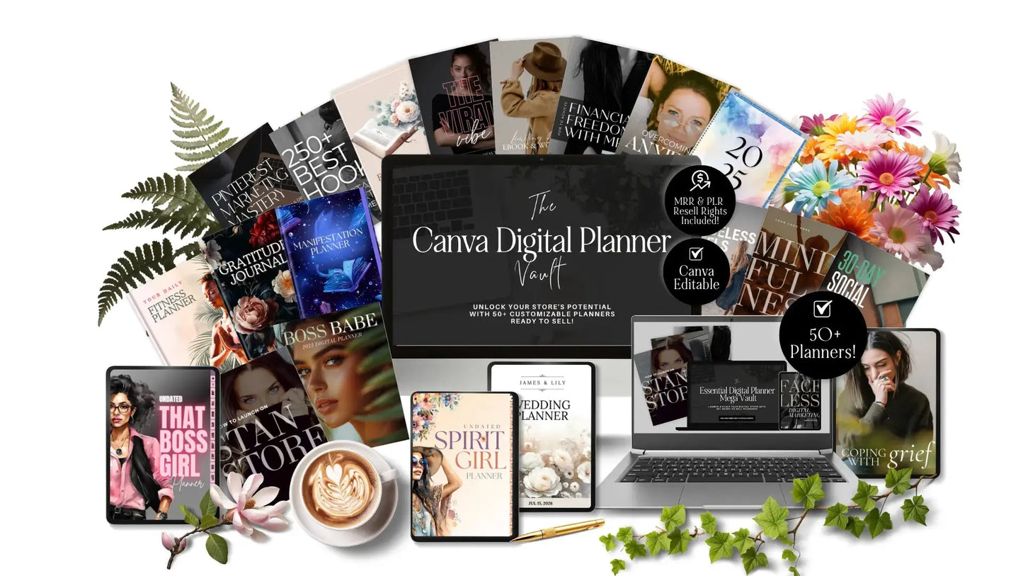 Mockup of the Canva Digital Planner Vault showing a collection of over 50 editable planners and journals with PLR and MRR for resell