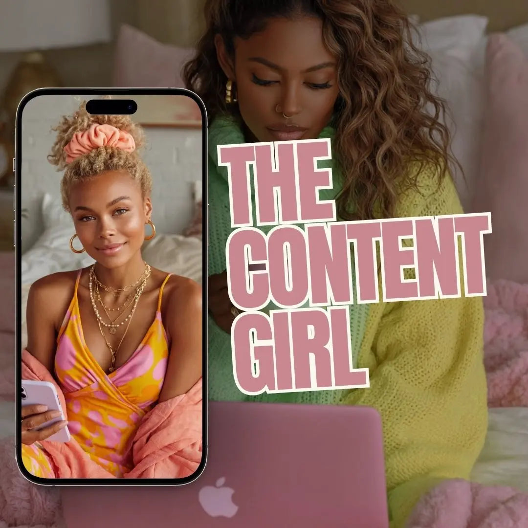 Preview of The Content Girl Canva image bundle for digital entrepreneurs, featuring 110+ faceless lifestyle visuals with PLR and MRR rights