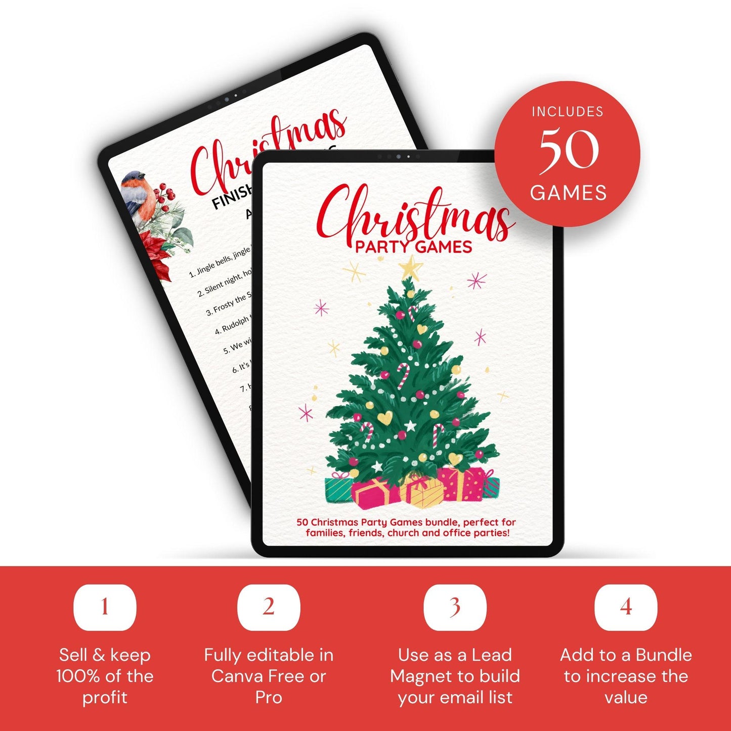 50 Printable Christmas Party Games | PLR & MRR Digital Bundle - Canva Editable Template - Boundless PLR
