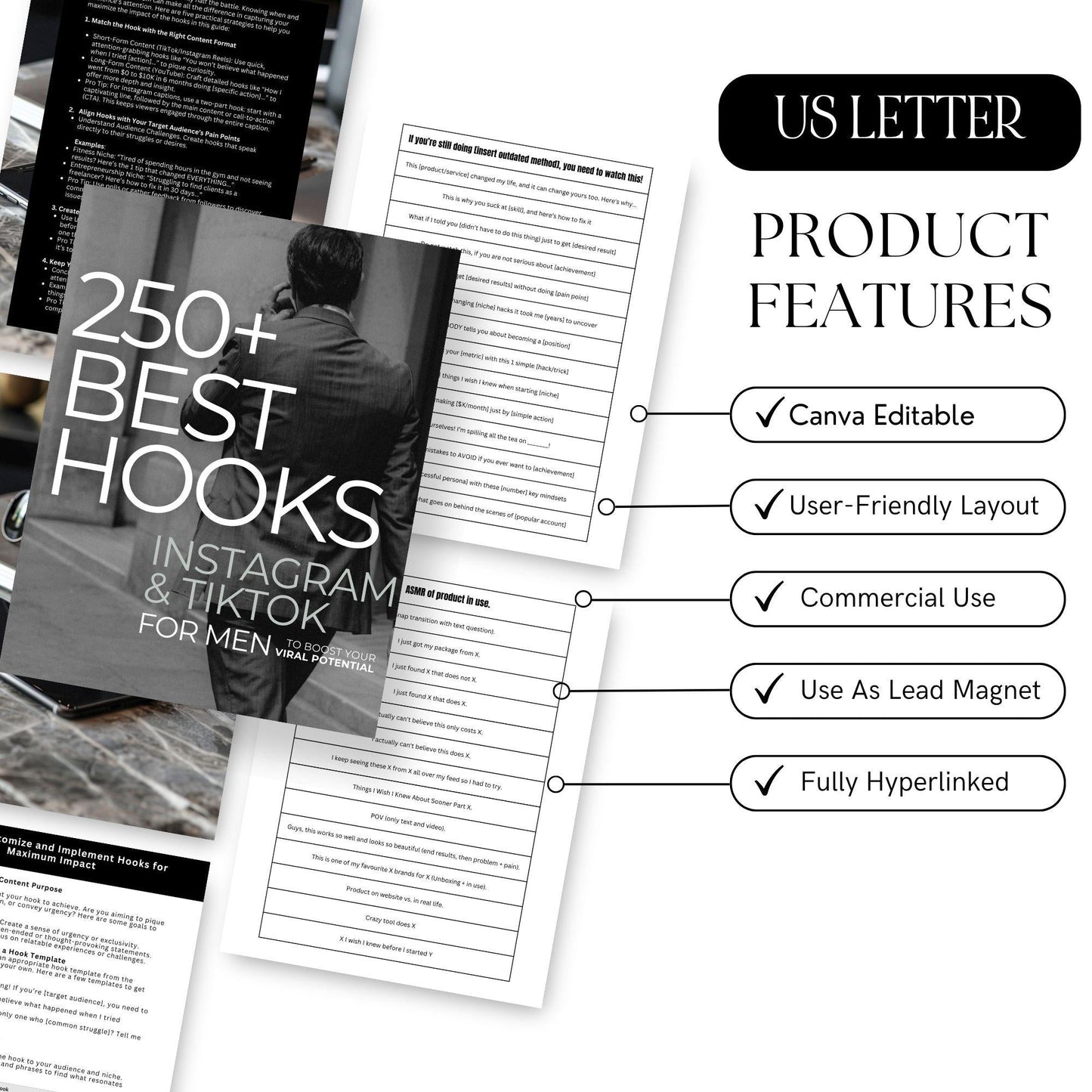 250+ Best Hooks for Men | Editable Instagram & TikTok Guide with PLR & MRR