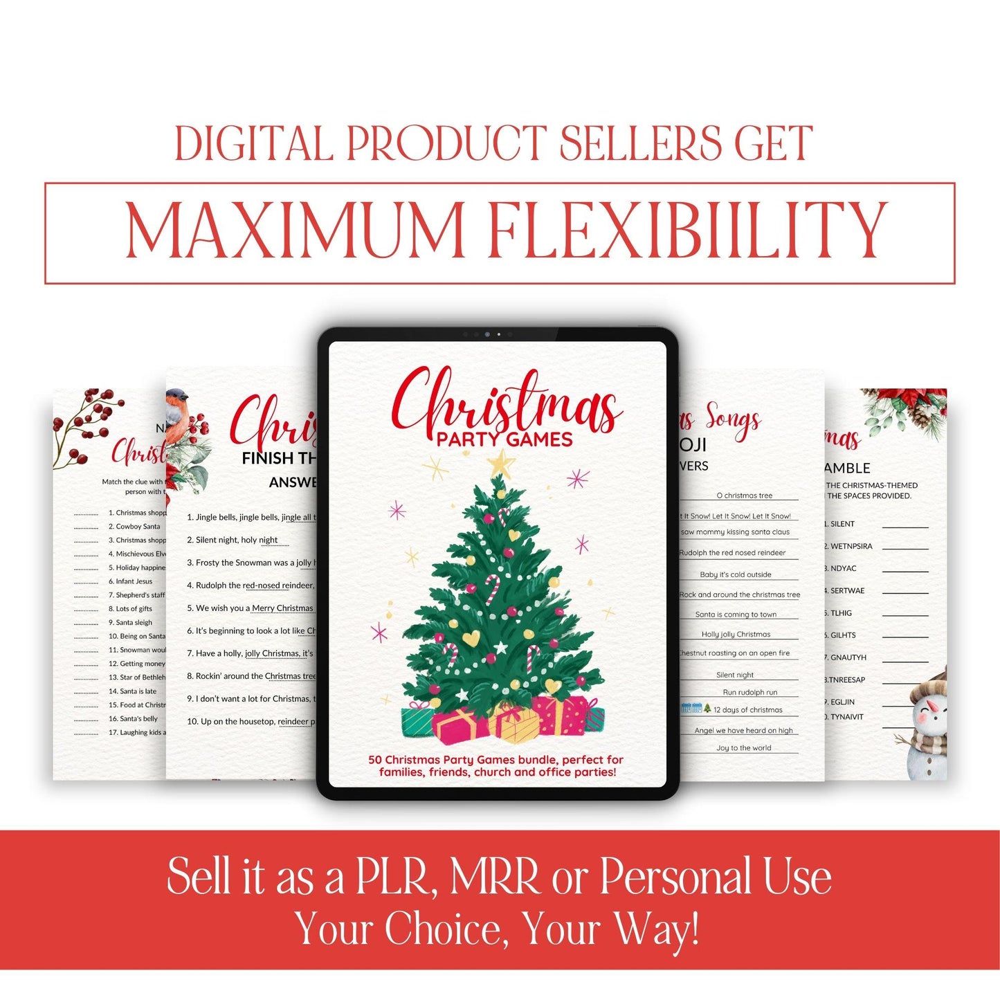 50 Printable Christmas Party Games | PLR & MRR Digital Bundle - Canva Editable Template - Boundless PLR