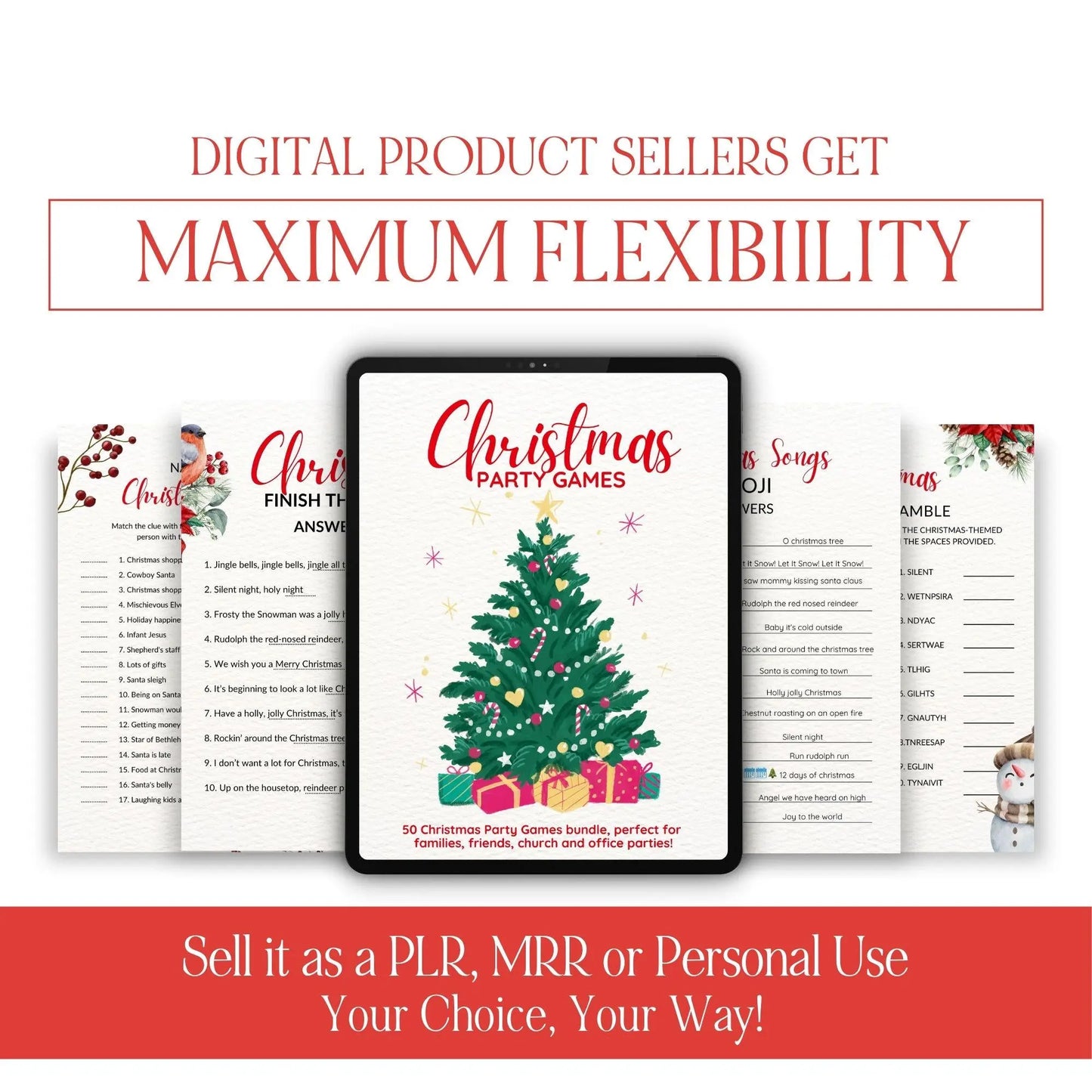 50 Printable Christmas Party Games | PLR & MRR Digital Bundle - Canva Editable Template - Boundless PLR