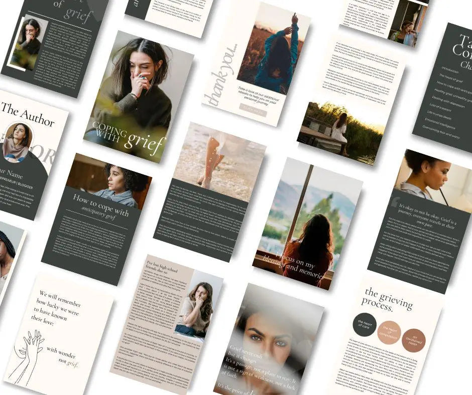 Image of pages from the Canva editable grief guide, featuring text and images of people.