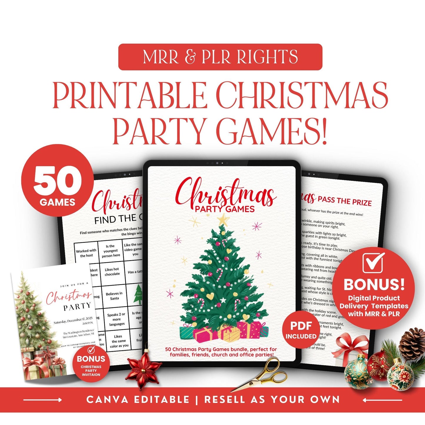 50 Christmas Party Games Bundle | Editable MRR PLR Digital Product - PLR Canva Template - Boundless PLR