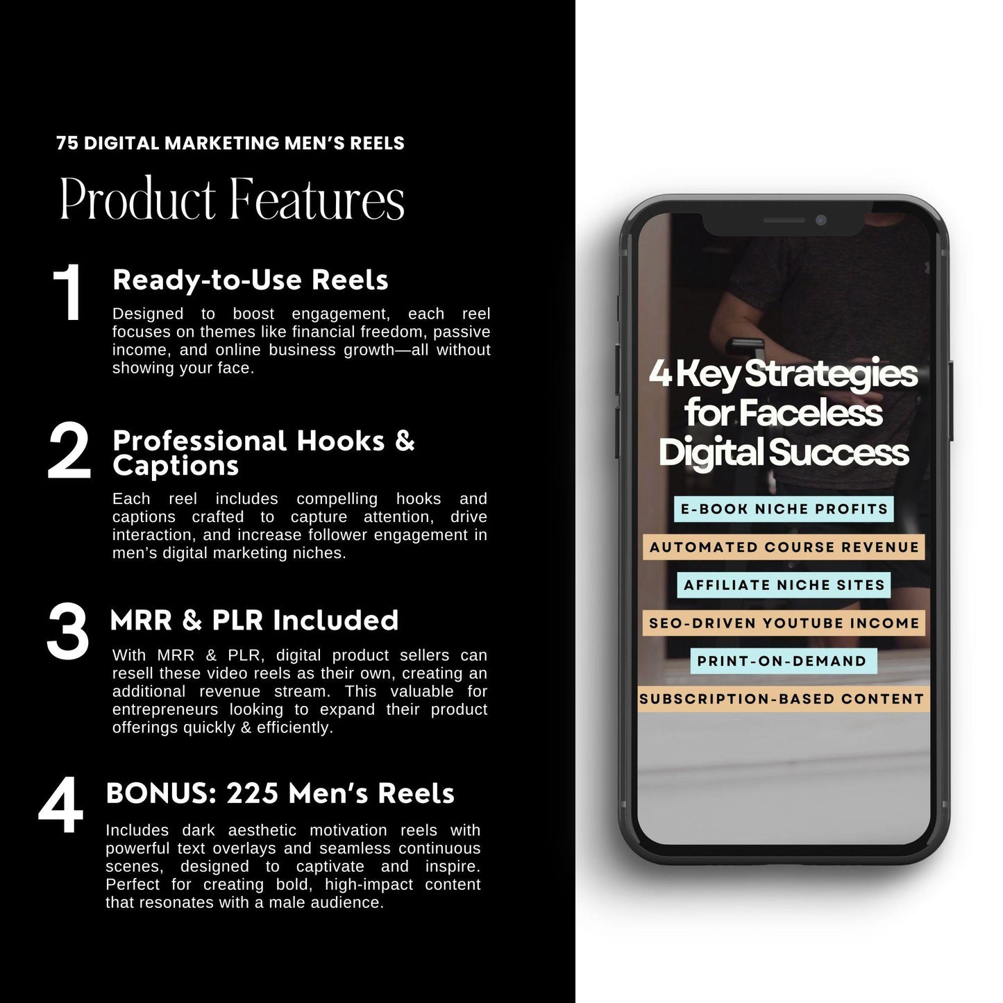75 DFY Reels for Men + 225 Bonus Faceless Reels | Canva Editable - PLR Instagram Reels & Covers - Boundless PLR