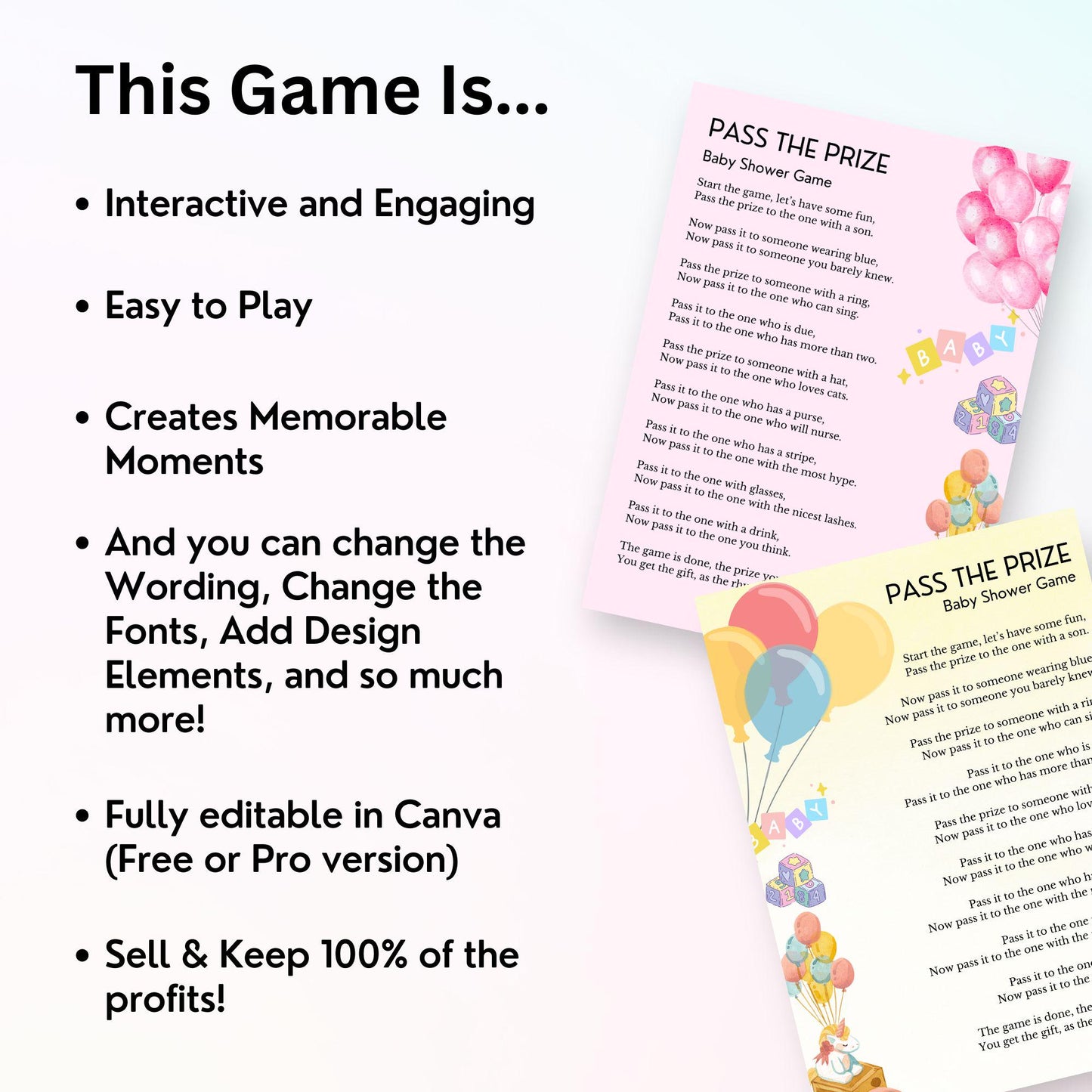 Pass the Prize Baby Shower Game | Editable Canva Template with PLR & MRR