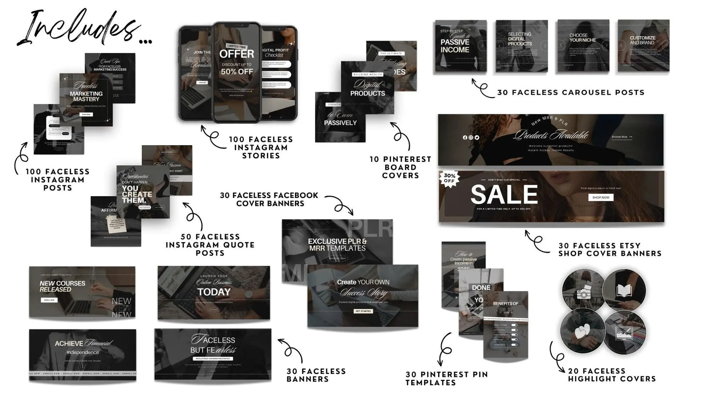 Mockup collage showcasing a comprehensive PLR and MRR Canva-editable content bundle. Includes 100 faceless Instagram posts, 100 Instagram stories, 30 carousel posts, 50 quote posts, 30 Facebook cover banners, 30 Pinterest pin templates, 10 Pinterest board covers, 30 Etsy shop cover banners, 20 Instagram highlight covers, and 30 faceless business banners. Visuals emphasize faceless marketing content for digital product sellers with a clean, high-converting aesthetic.