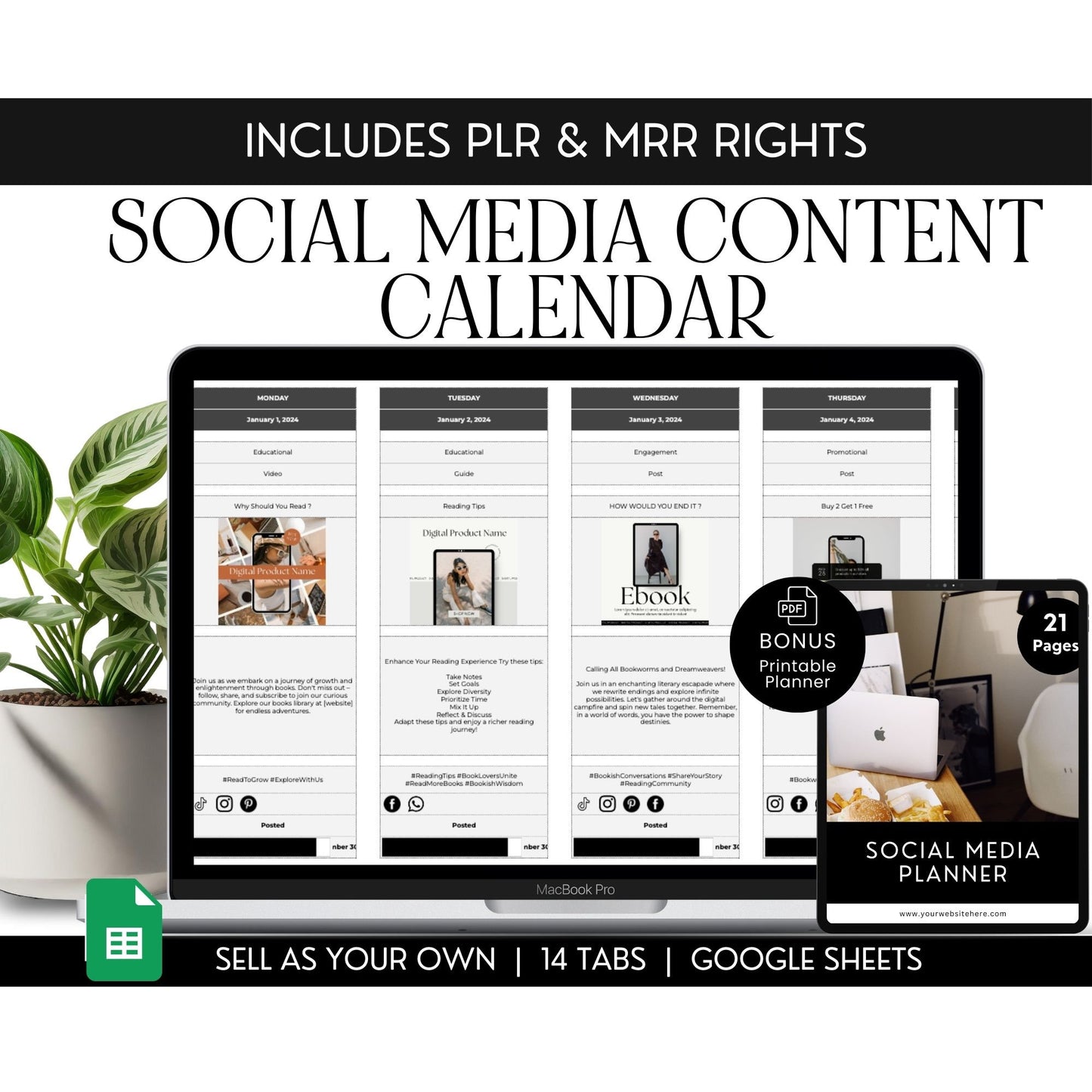 Social Media Content Calendar Template for Google Sheets with PLR & MRR