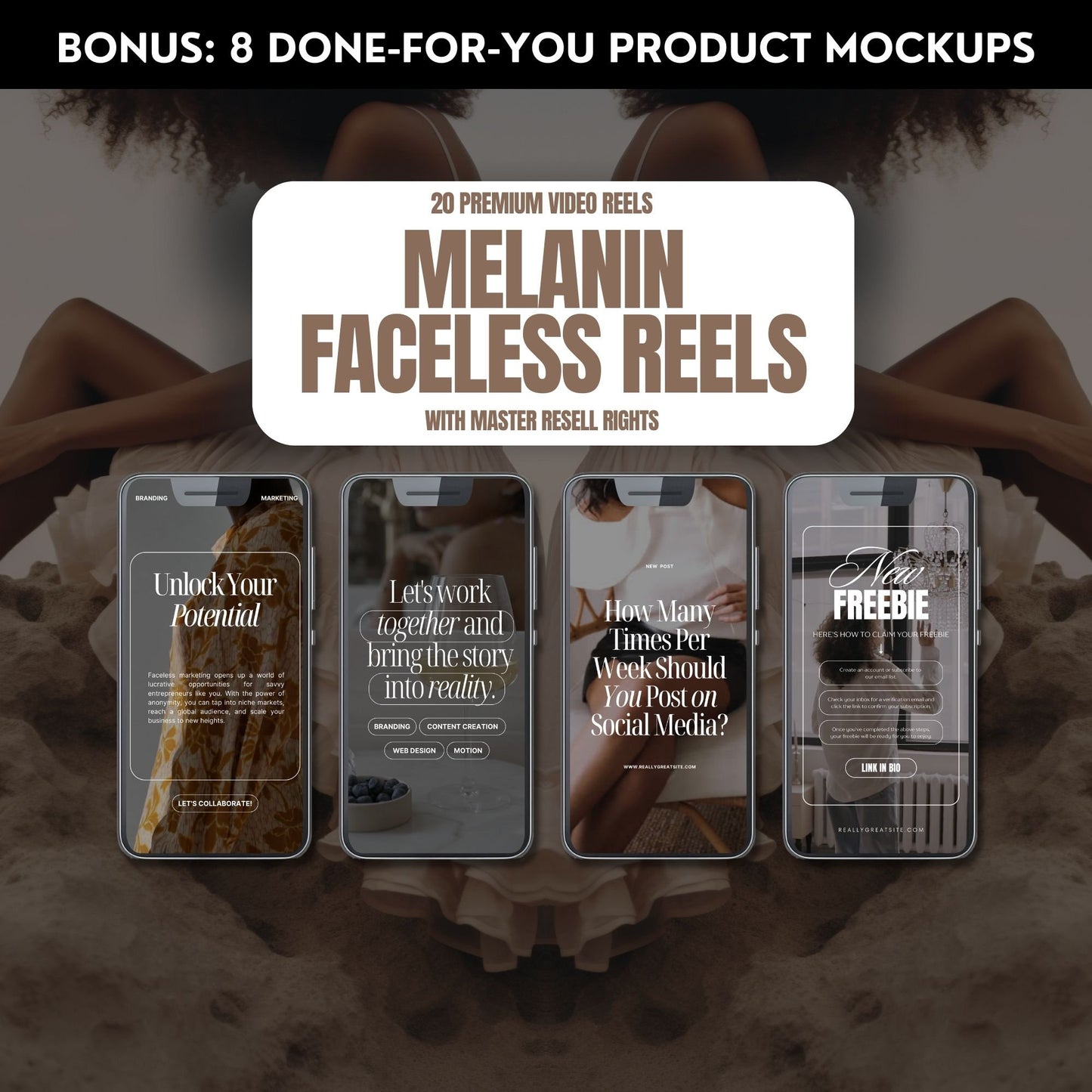 Melanin Faceless Reels Bundle | 20 Premium Videos + 8 Editable Mockups with MRR & PLR