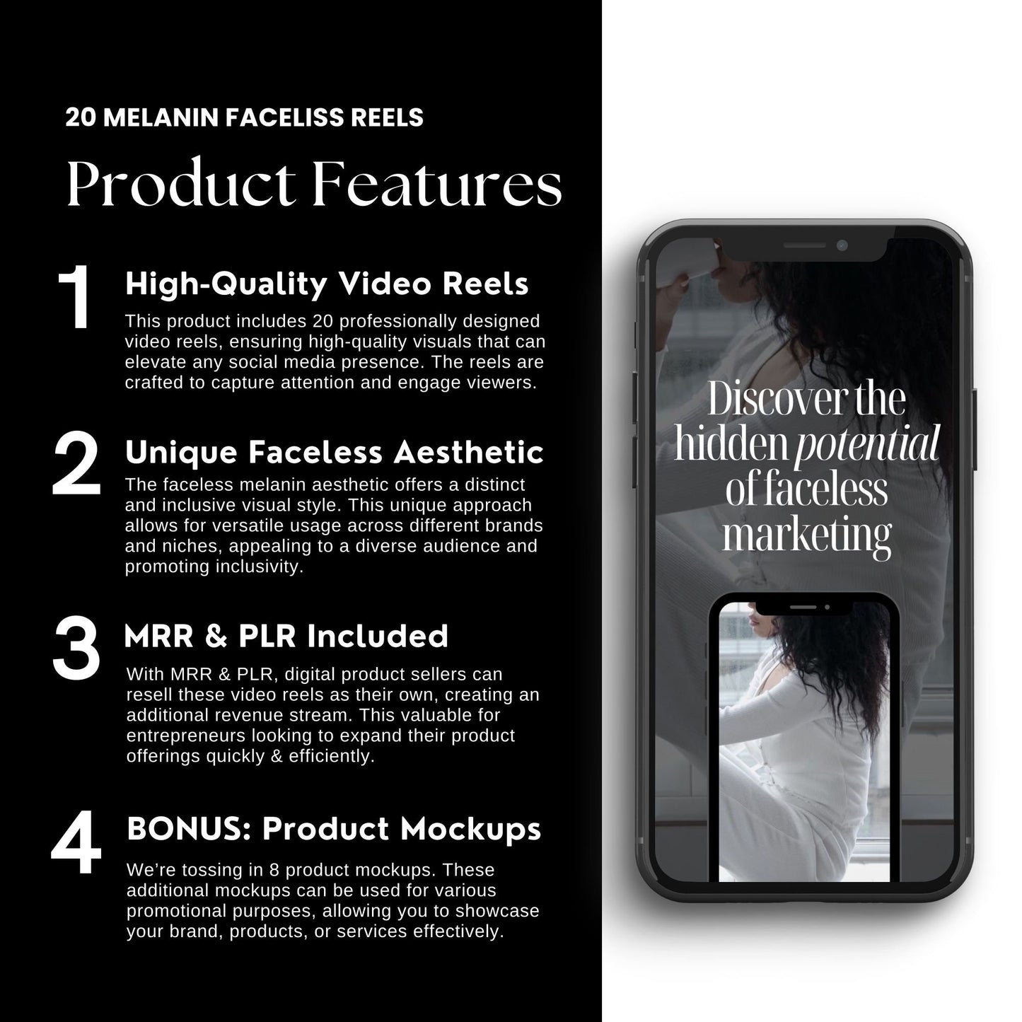 Melanin Faceless Reels Bundle | 20 Premium Videos + 8 Editable Mockups with MRR & PLR