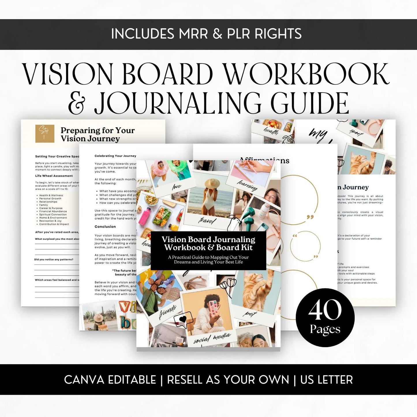 Vision Board Workbook & Journaling Guide Bundle - Editable with MRR & PLR - Boundless PLR