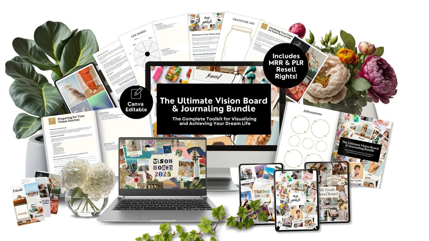 Image of the Vision Board Workbook & Journaling Guide Bundle - Editable with MRR & PLR - Boundless PLR