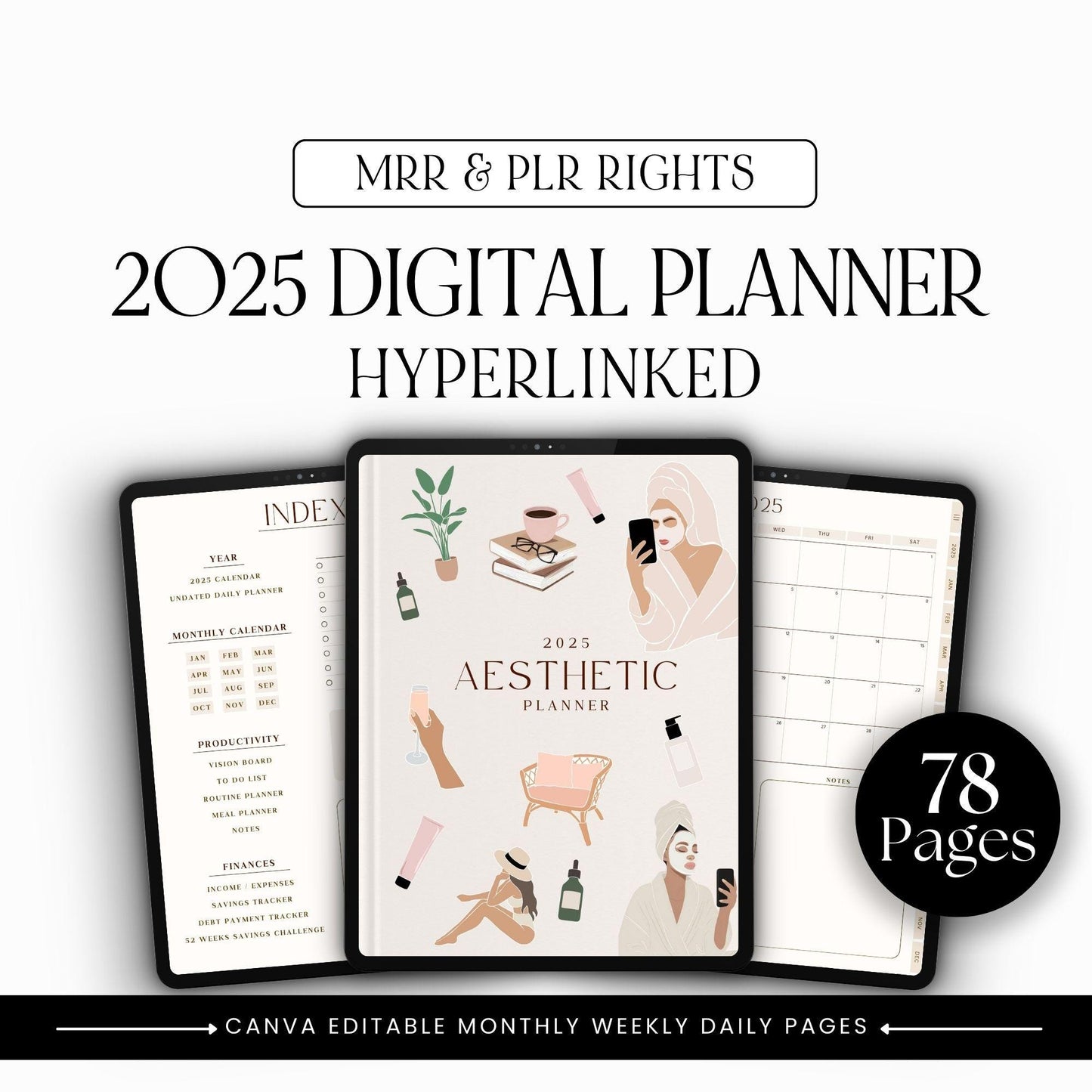 2025 Aesthetic Digital Planner | Editable Canva Template with MRR & PLR