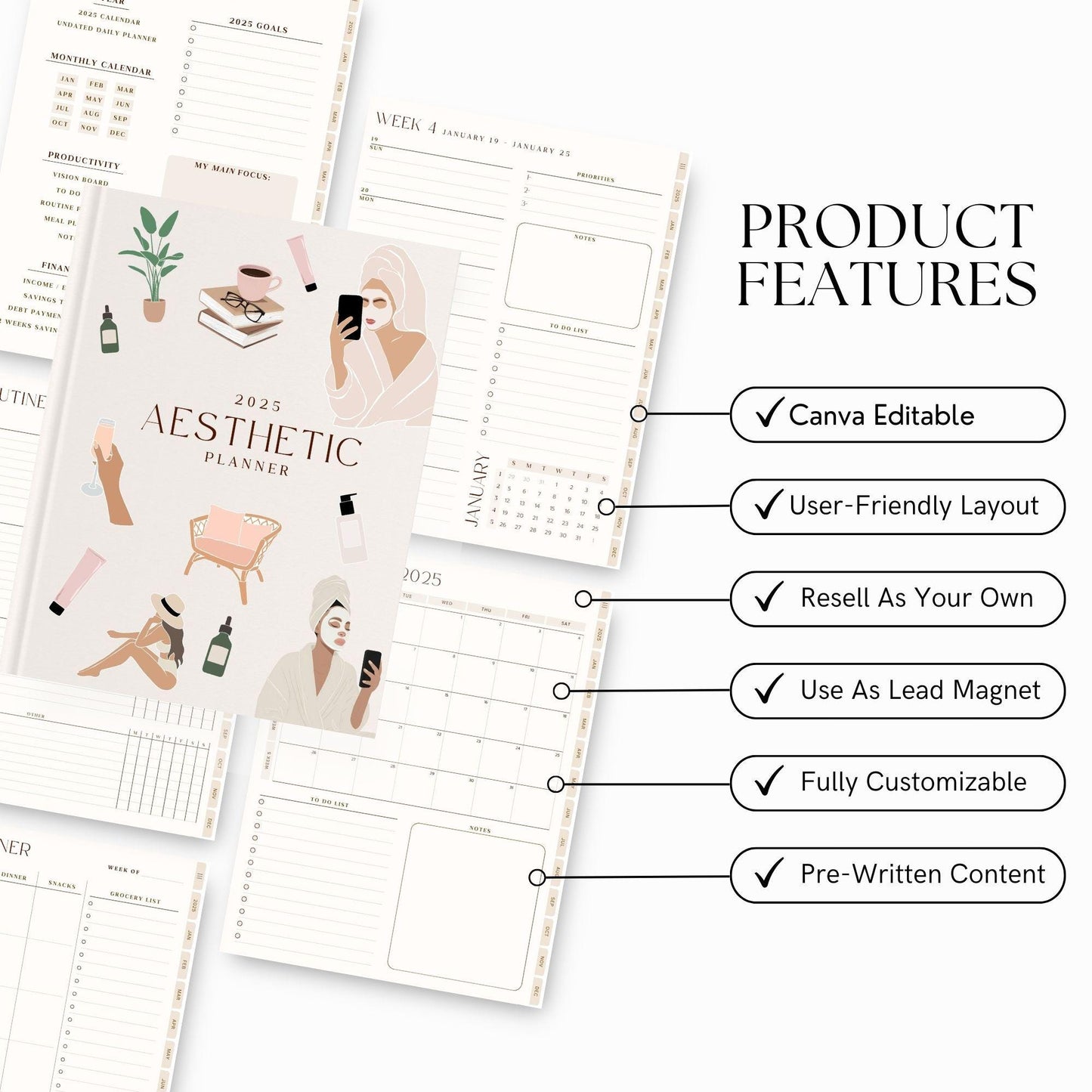 2025 Aesthetic Digital Planner | Editable Canva Template with MRR & PLR