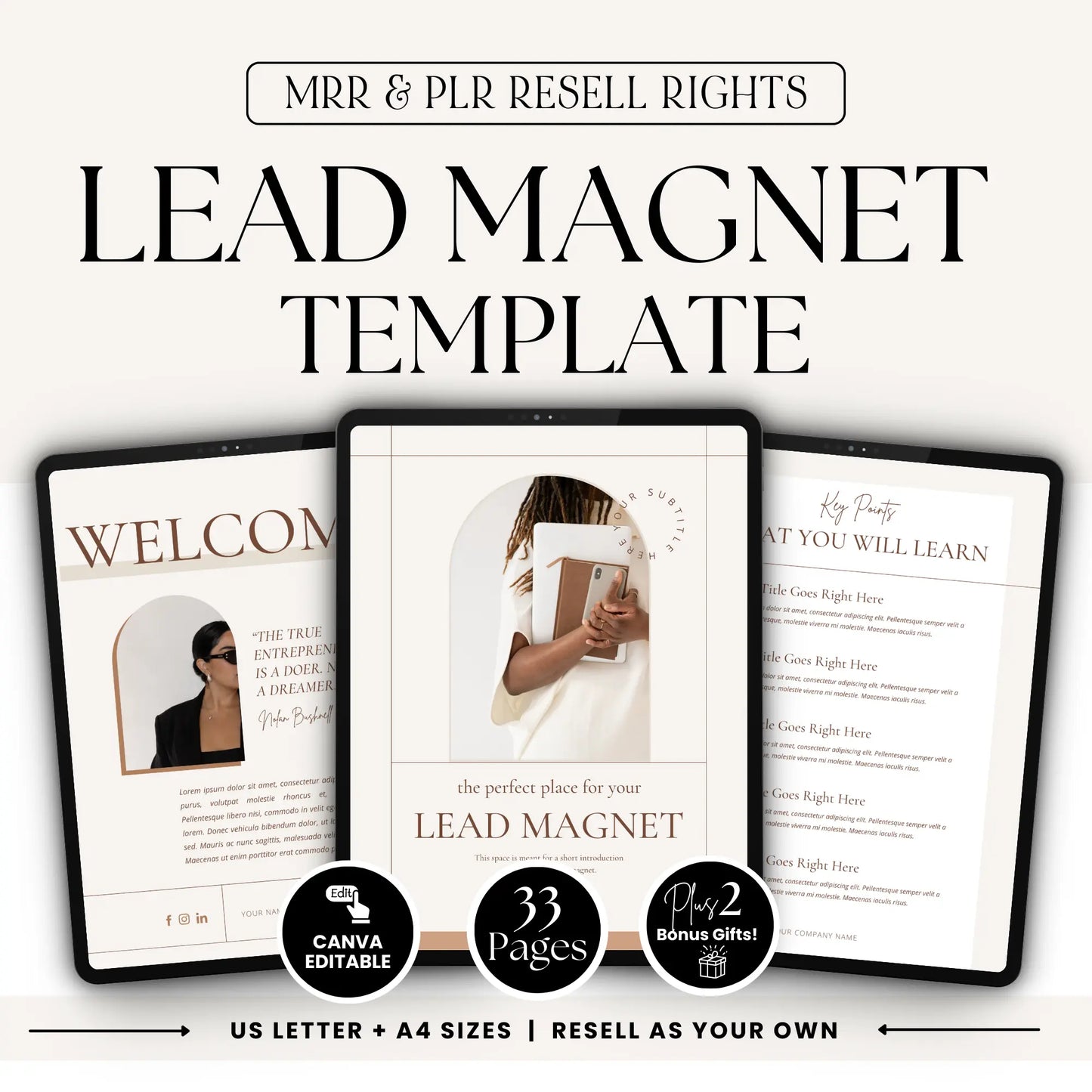 Canva editable lead magnet template with MRR and PLR resell rights. 33 customizable pages, bonus gifts included, available in US Letter and A4 sizes