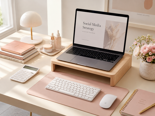 Bright feminine workspace with a laptop displaying a pastel canva digital product template, blush desk mat, white keyboard, calculator, notebooks, skincare bottles, and flowers.