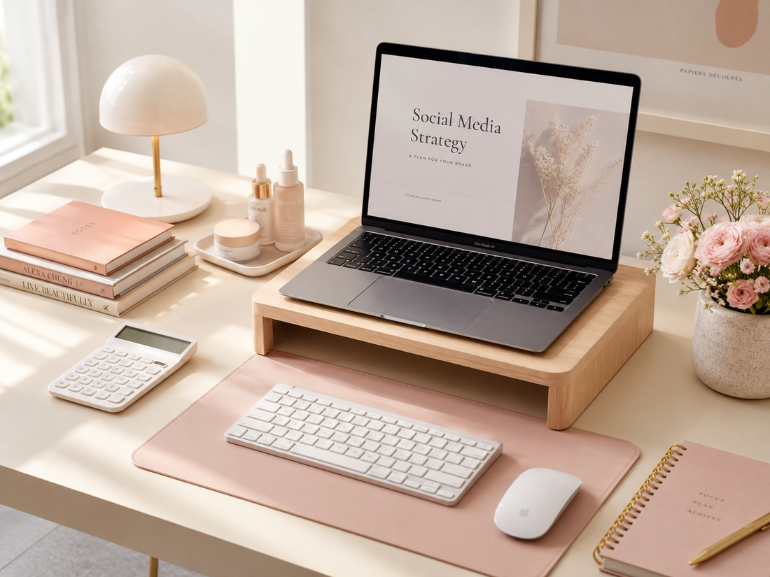 Feminine desk with a laptop of master resell rights MRR digital products: a beginner's guide in a brightly lit room.