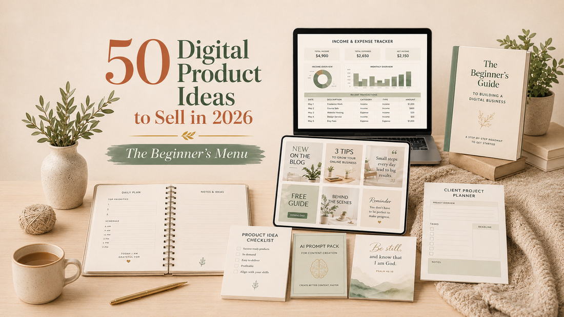 Landscape blog graphic titled “50 Digital Product Ideas to Sell in 2026: The Beginner’s Menu,” featuring a cozy workspace with digital planners, Canva-style templates